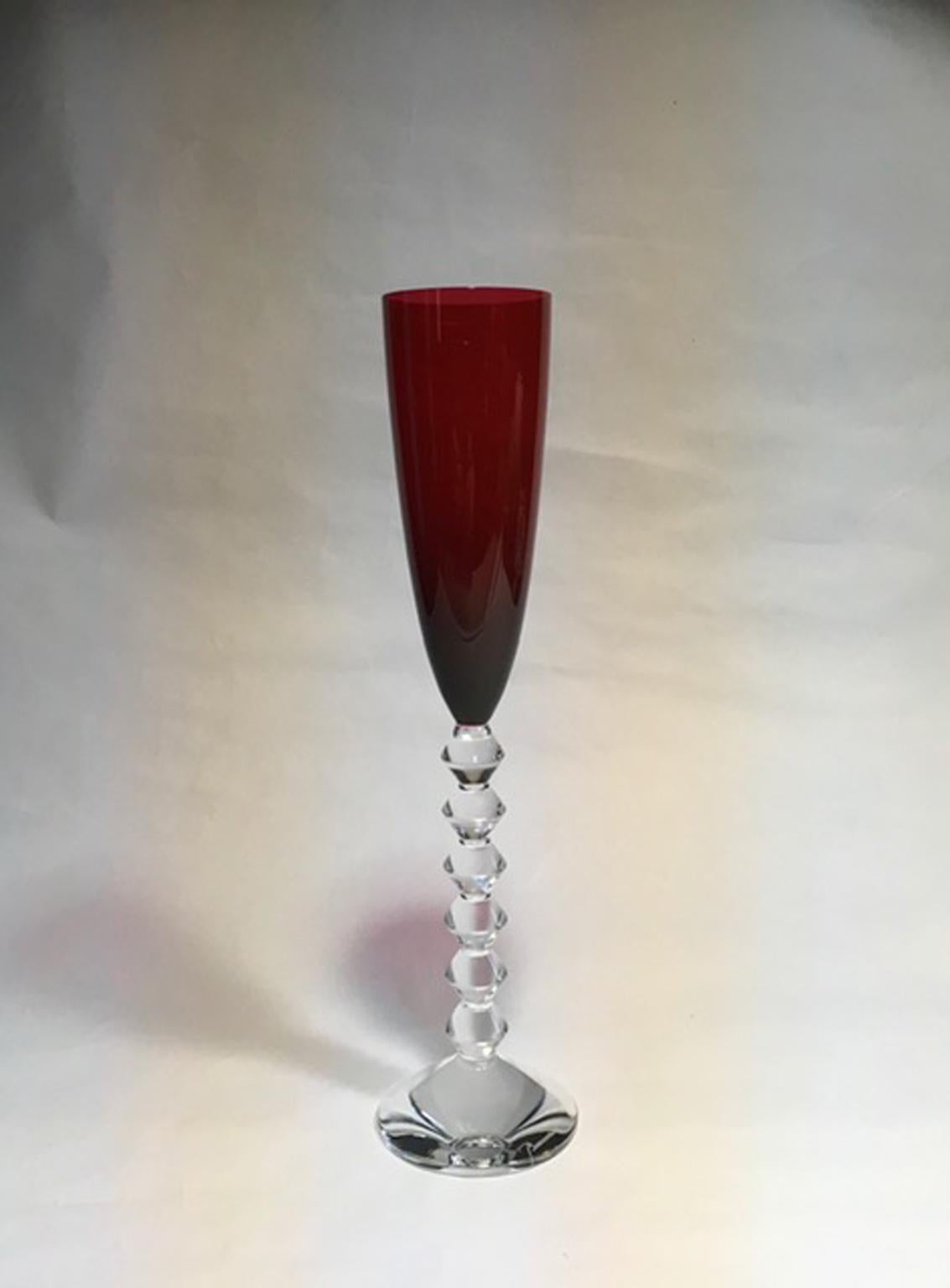 Pair Baccarat Red Crystal Goblet Flutes, France 2
