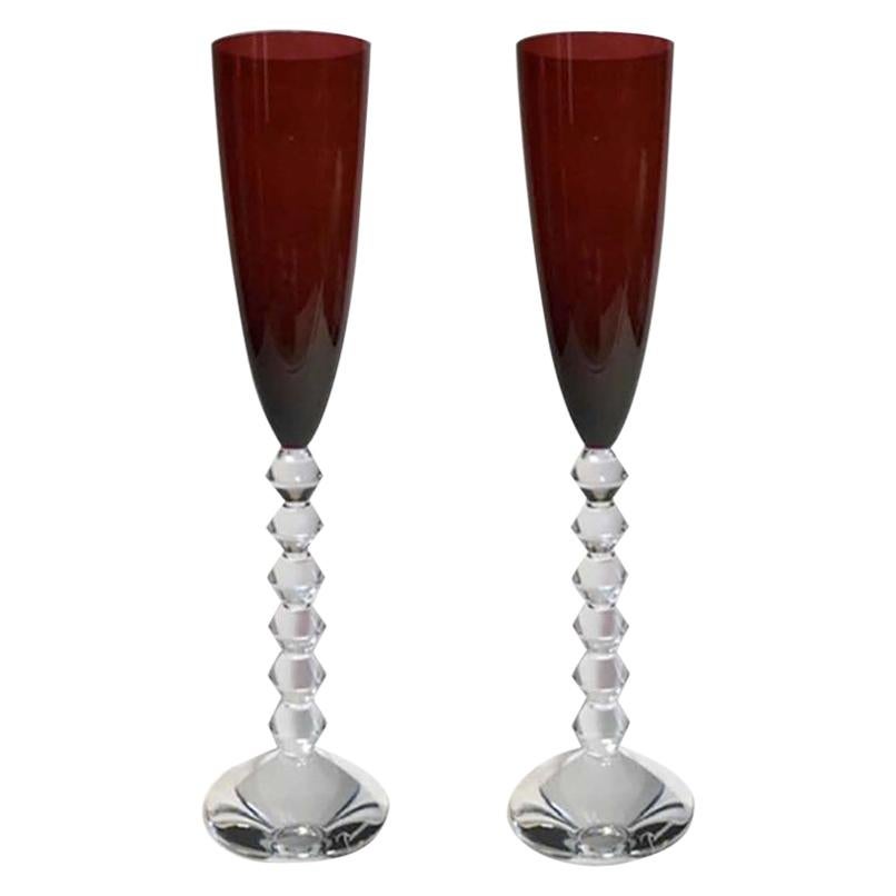 Pair Baccarat Red Crystal Goblet Flutes, France