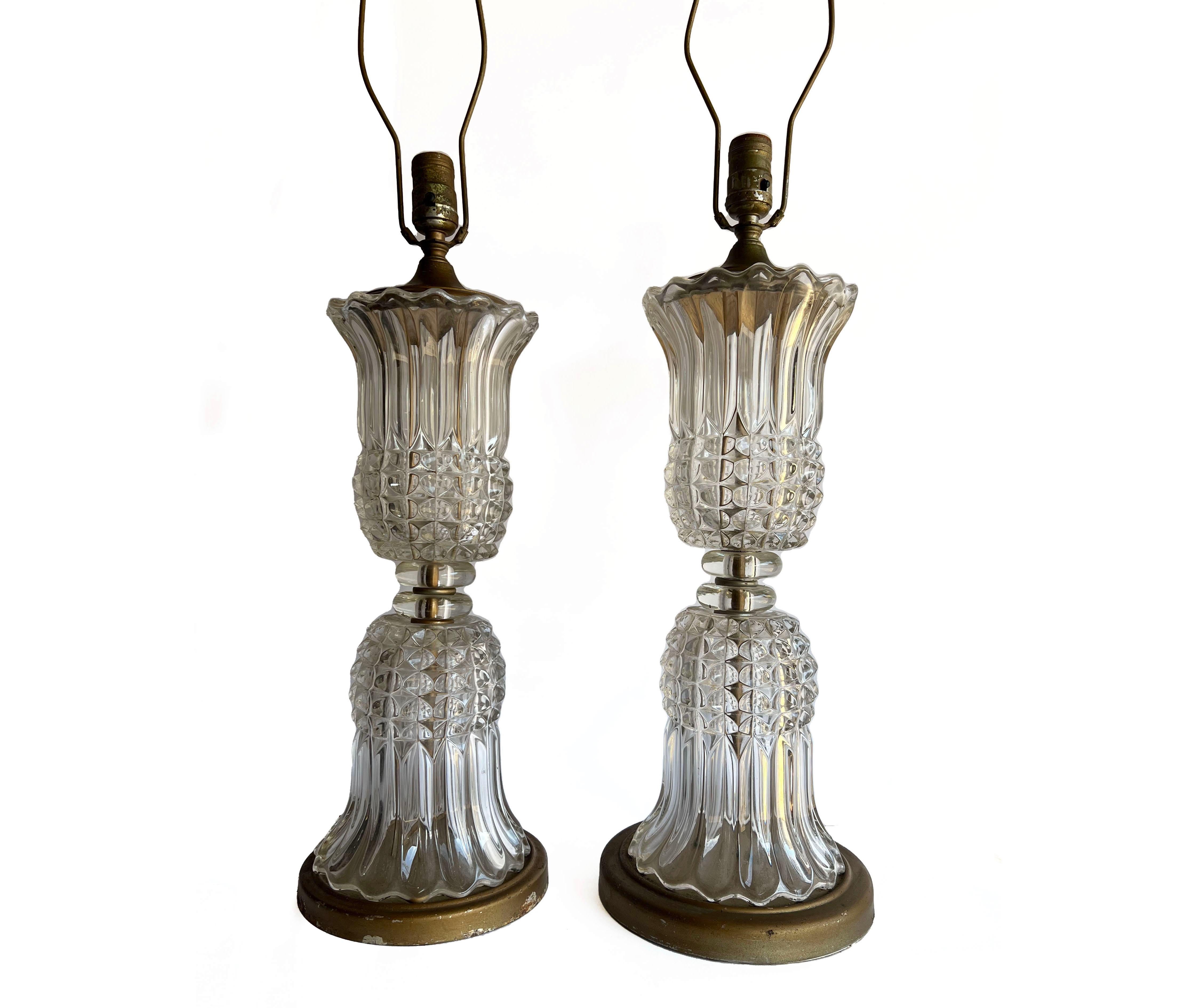 Pair Baccarat-Style Mid-20th Century Molded Glass Table Lamps for Restoration For Sale 1