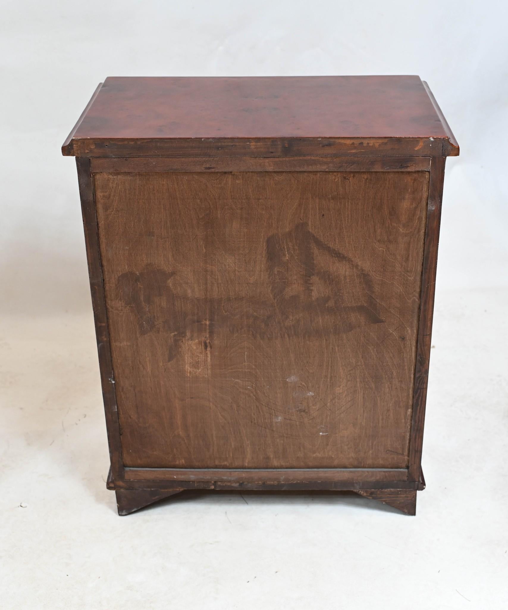 Gorgeous pair of bachelor chests of drawers in walnut
Classic Bachelors chest with single pull out at top allowing extra surface storage area
One way of tracing back to the origin of the modern bachelor’s chest is by way of Georgian origins. (The