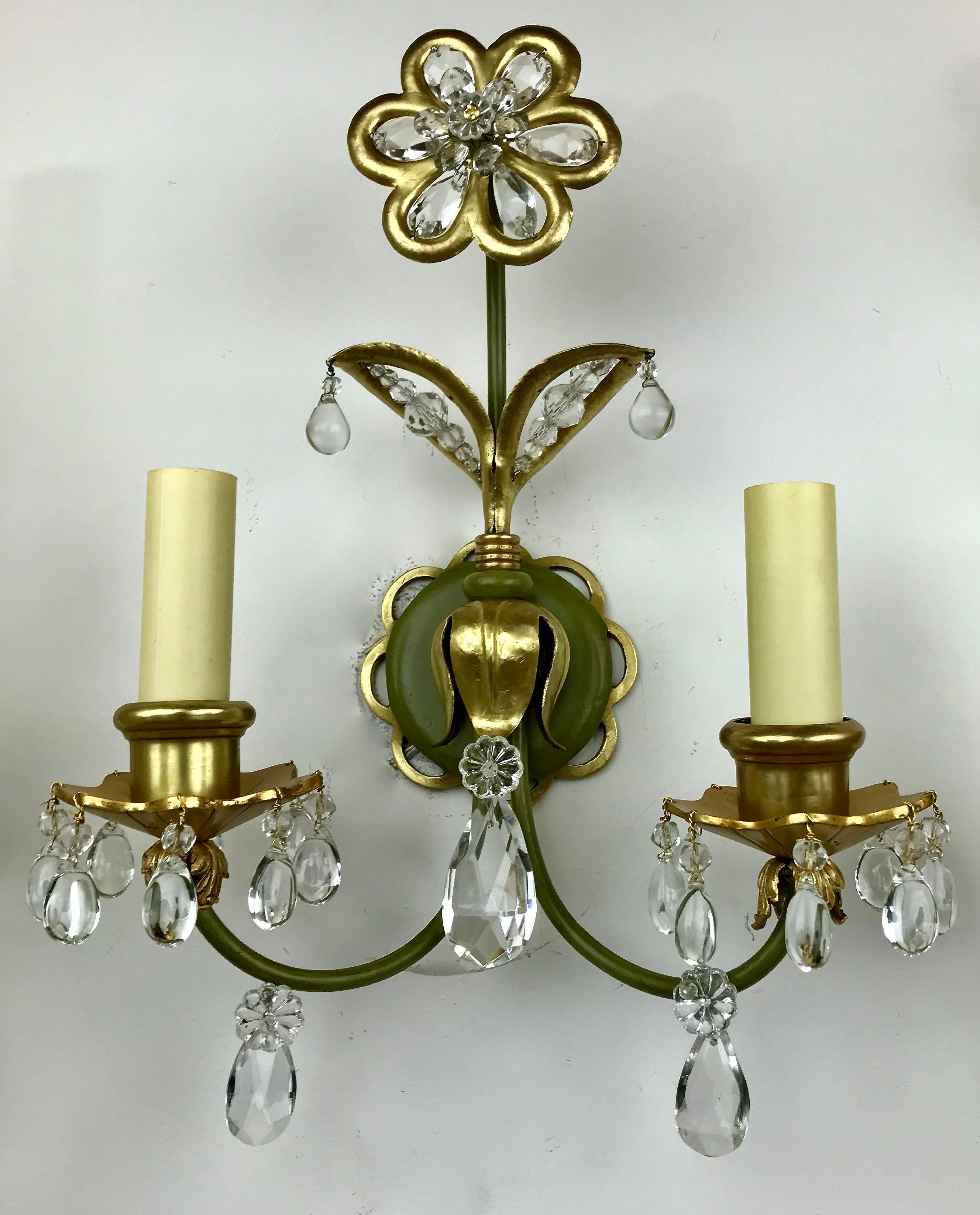 French Pair Bagues Floral Two Light Sconces For Sale