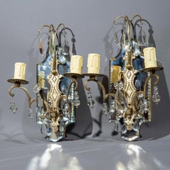 Pair Baguès Mirrored Bronze 2-Light Wall Sconces, France, 1950s
