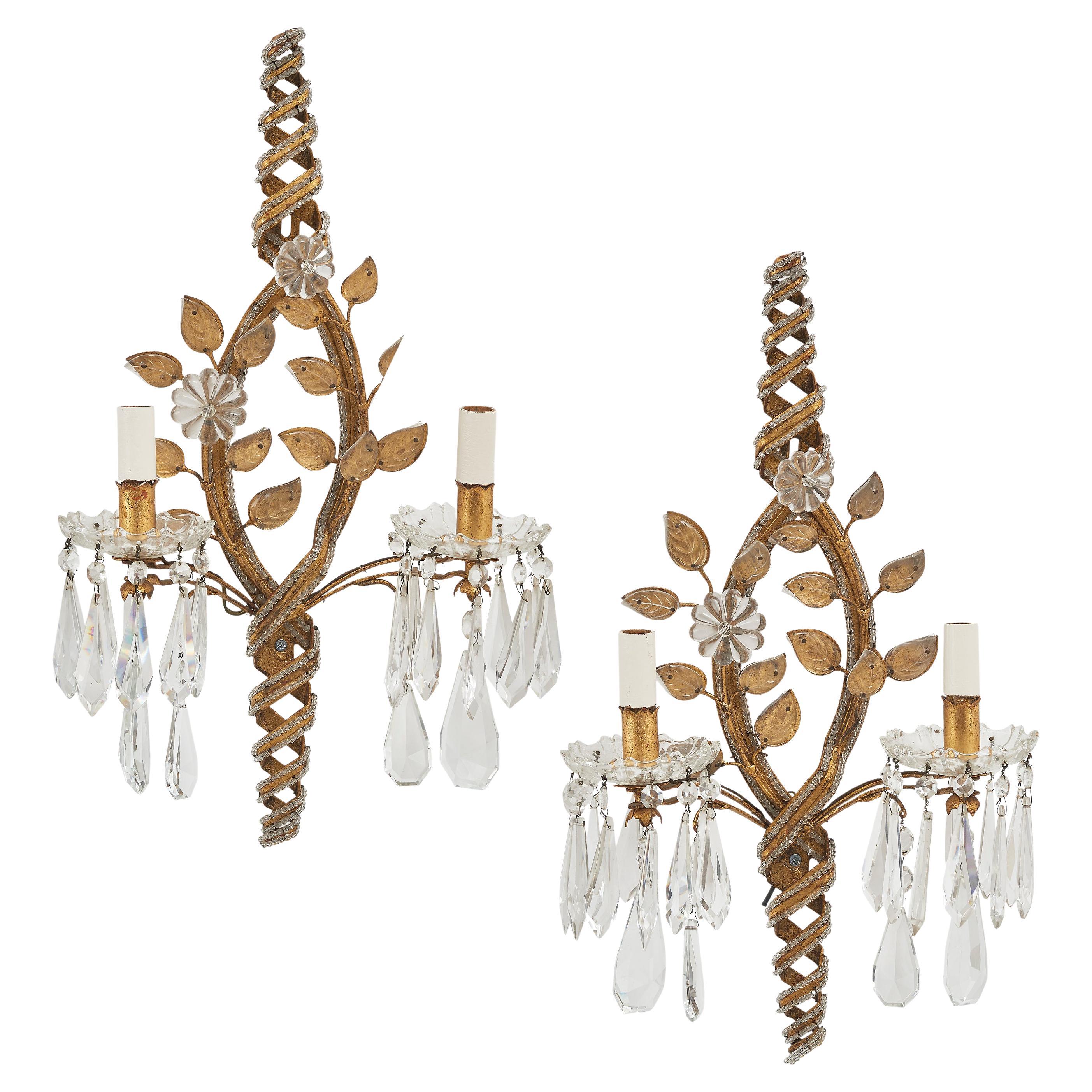 Pair Baguès Style Foliate Wall Sconces, French, c.1950. For Sale