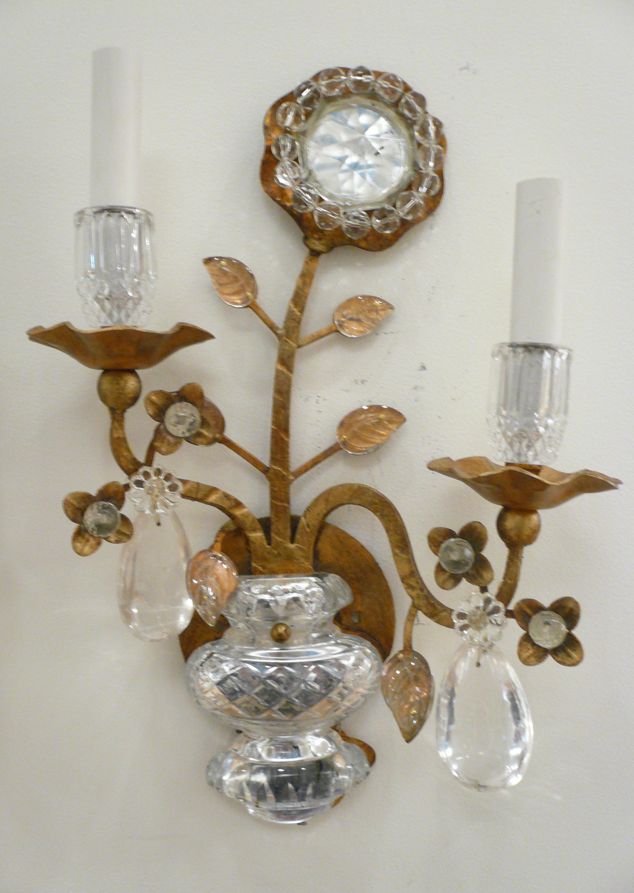 Mid-Century Modern Pair Bagues Style Gilt Metal and Rock Crystal Sconces