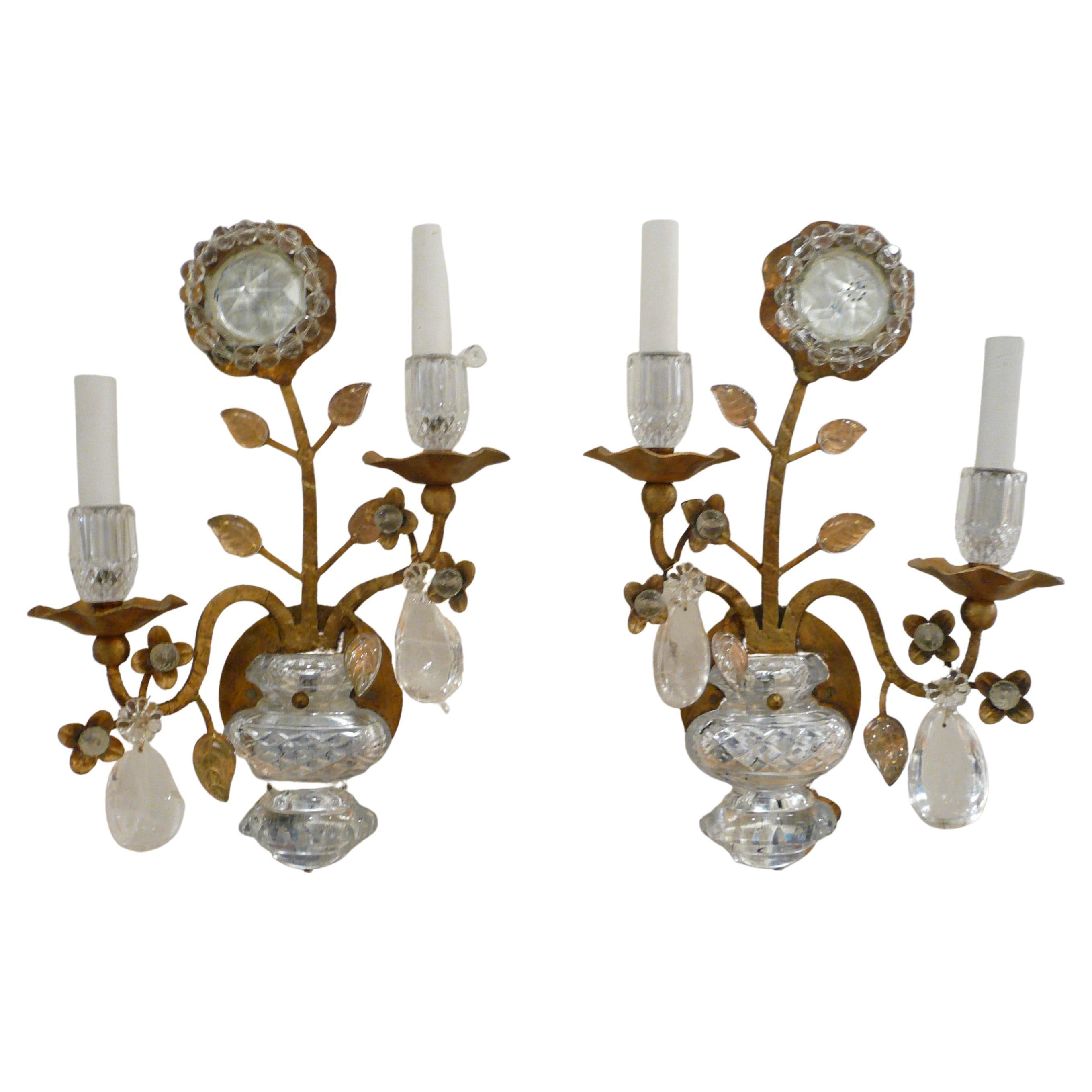 Pair Bagues Style Gilt Metal and Rock Crystal Sconces