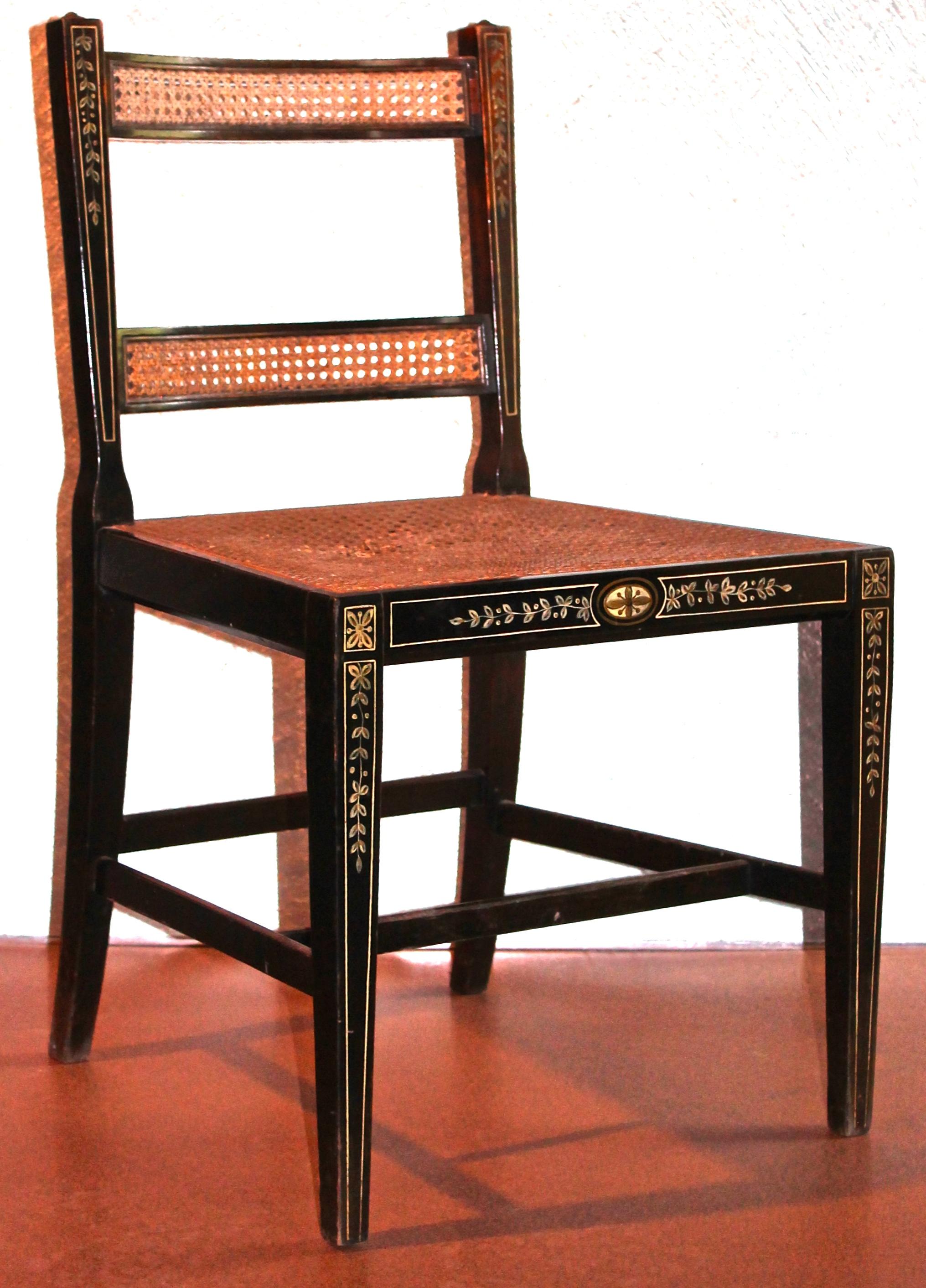 American Pair Adam Style Hand Decorated Ebonized Caned Side Chairs