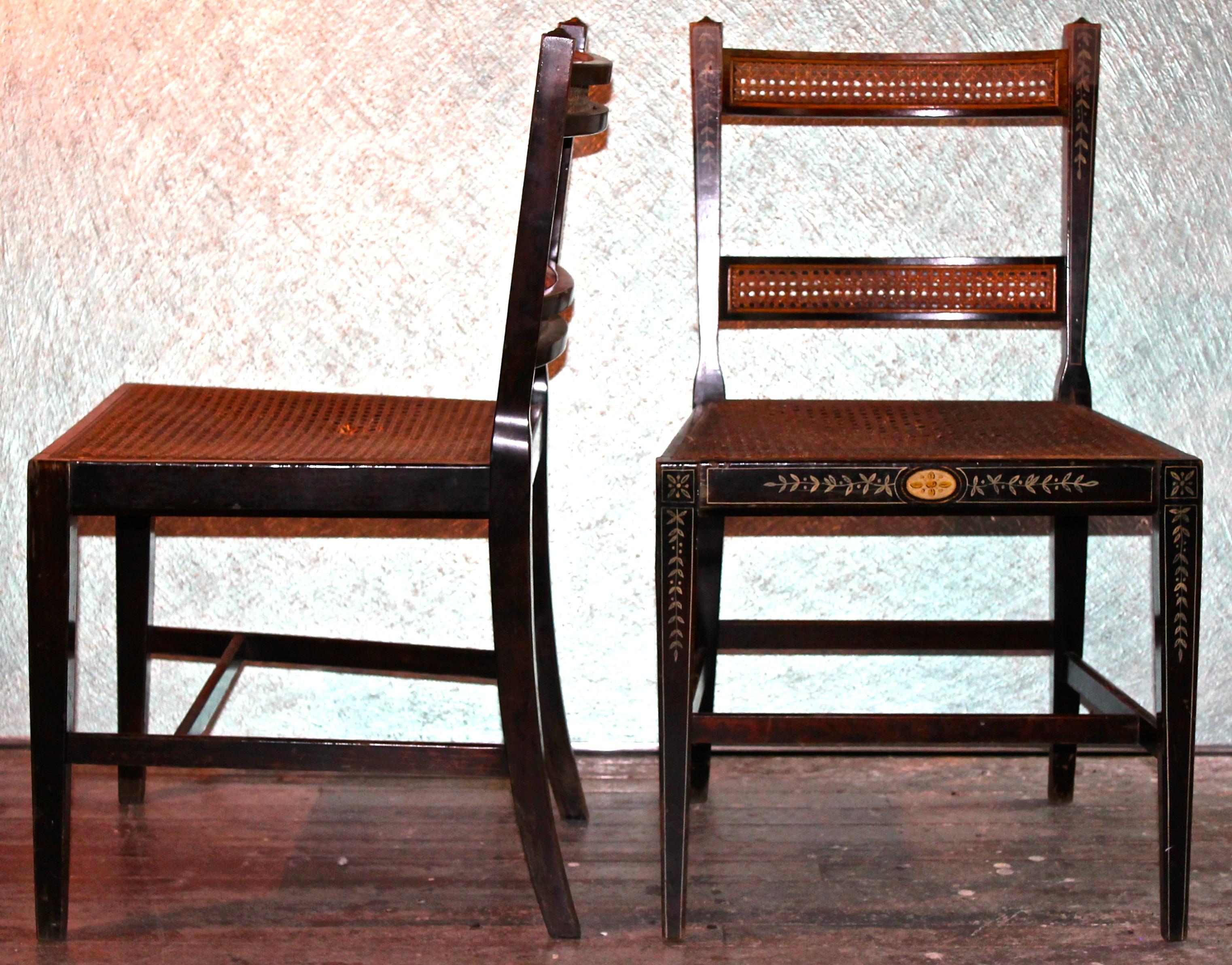 Lacquered Pair Adam Style Hand Decorated Ebonized Caned Side Chairs