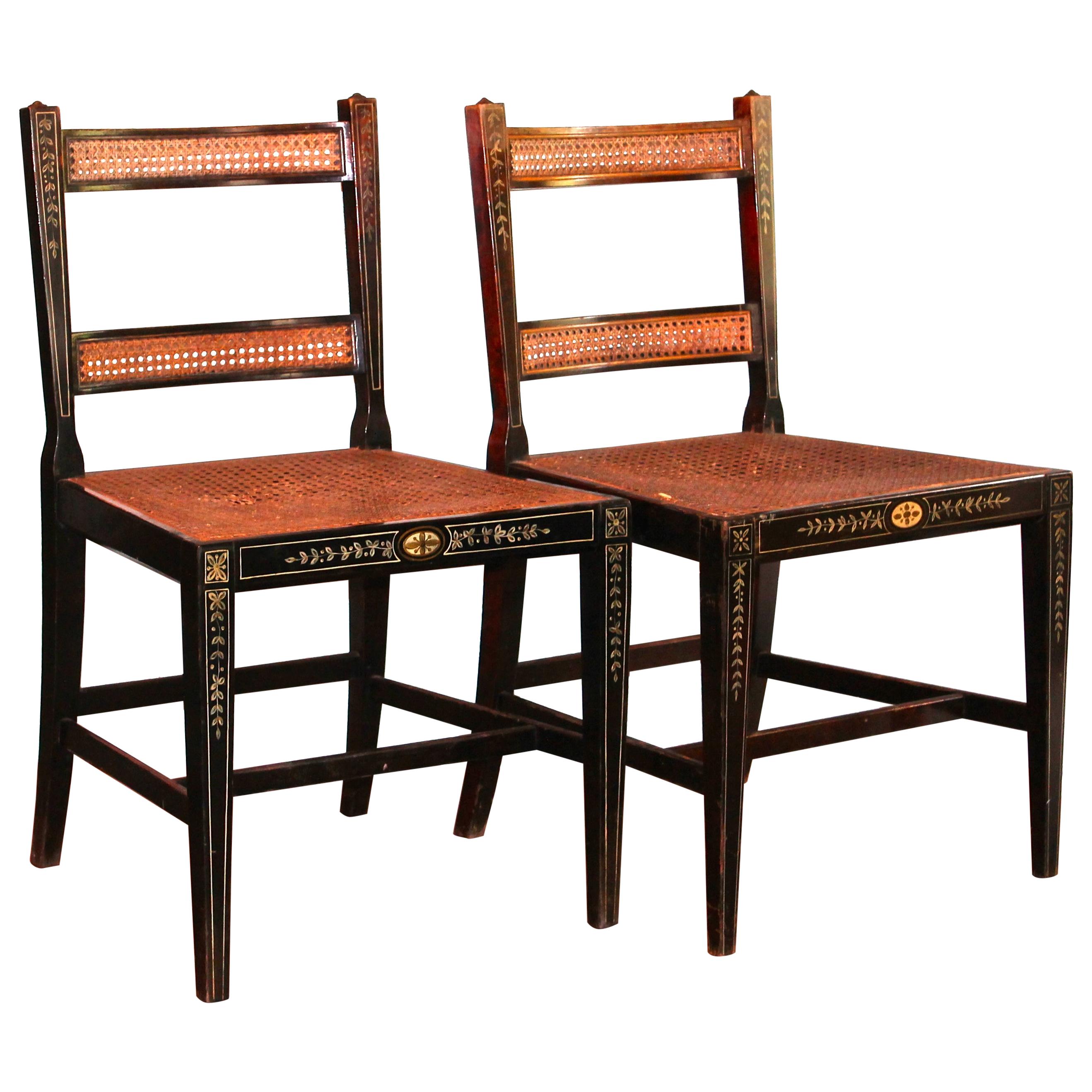 Pair Adam Style Hand Decorated Ebonized Caned Side Chairs