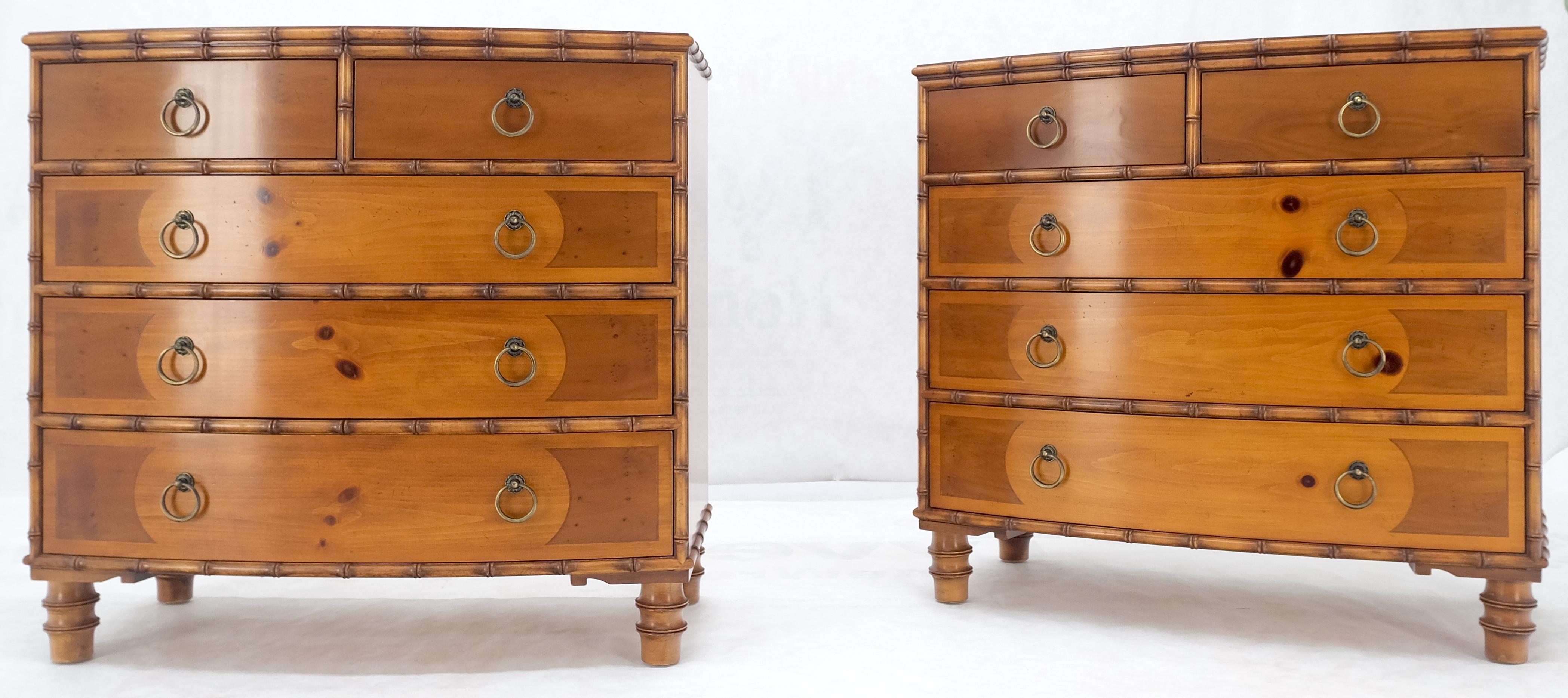 Lacquered Pair Baker Bow Front Faux Bamboo 5 Drawers Ring Pulls Bachelor Chests Dresser