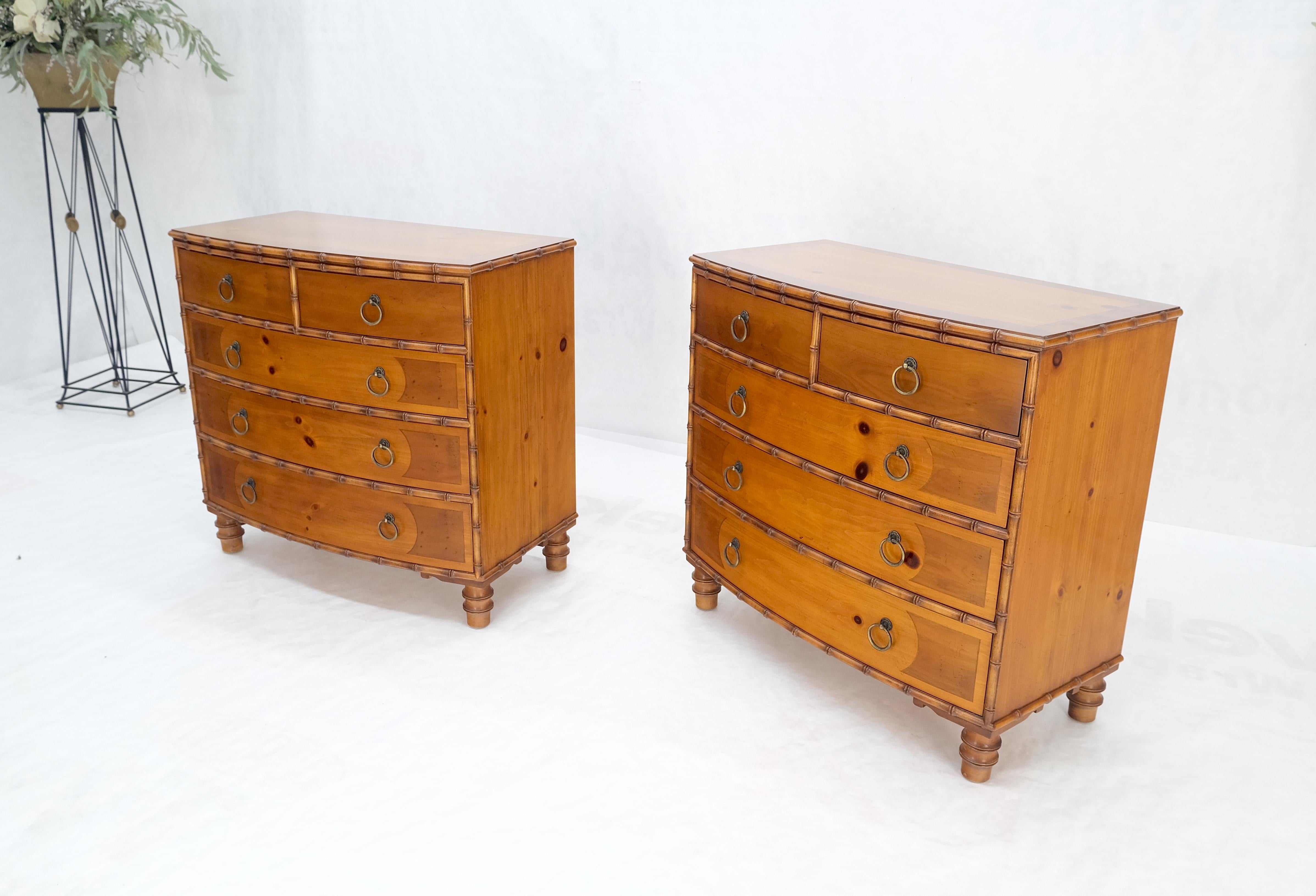 Pair Baker Bow Front Faux Bamboo 5 Drawers Ring Pulls Bachelor Chests Dresser In Good Condition For Sale In Rockaway, NJ