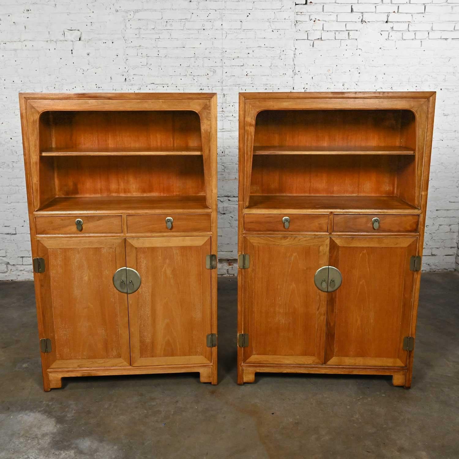American Pair Baker Far East Collection Michael Taylor Natural Elmwood Colonnade Cabinets For Sale