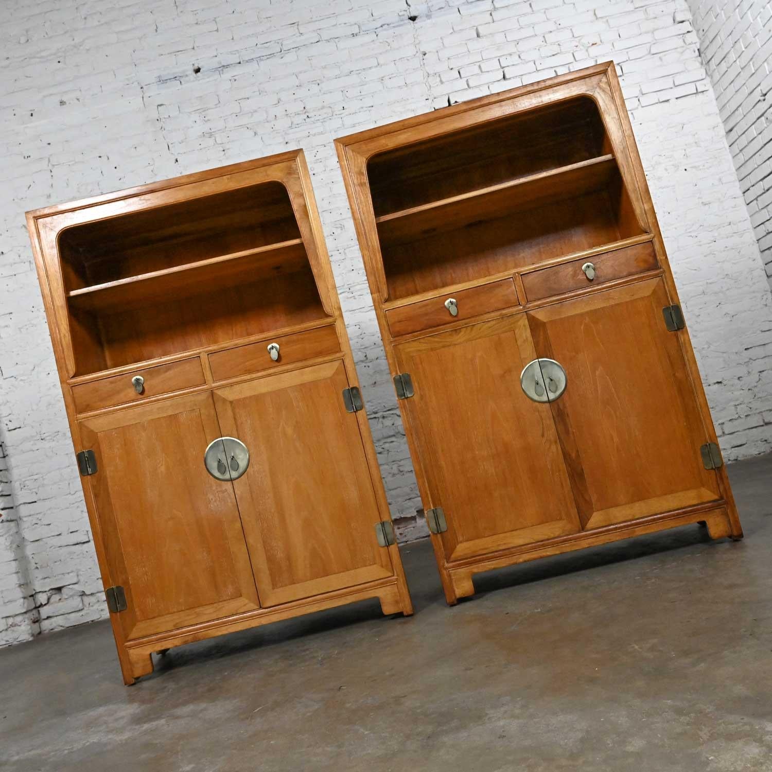 Pair Baker Far East Collection Michael Taylor Natural Elmwood Colonnade Cabinets For Sale 1