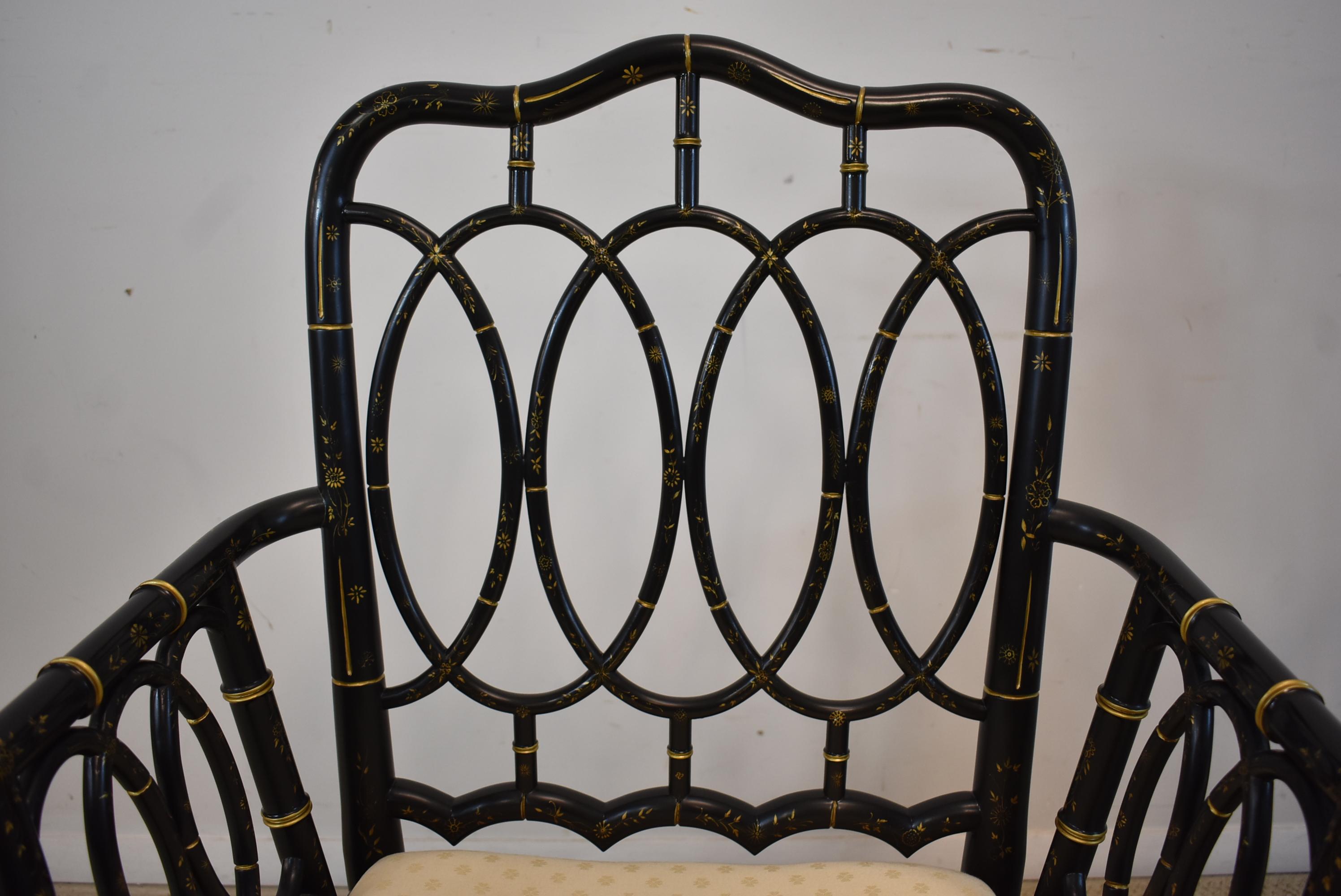 American Pair of Baker Furniture Asian Style Ebonized Armchairs Gilt Highlights