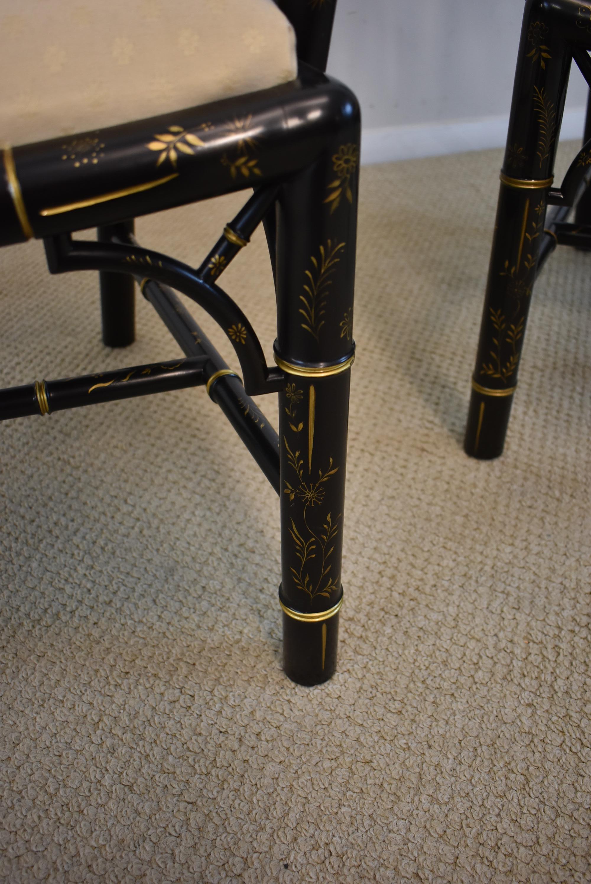 Painted Pair of Baker Furniture Asian Style Ebonized Armchairs Gilt Highlights