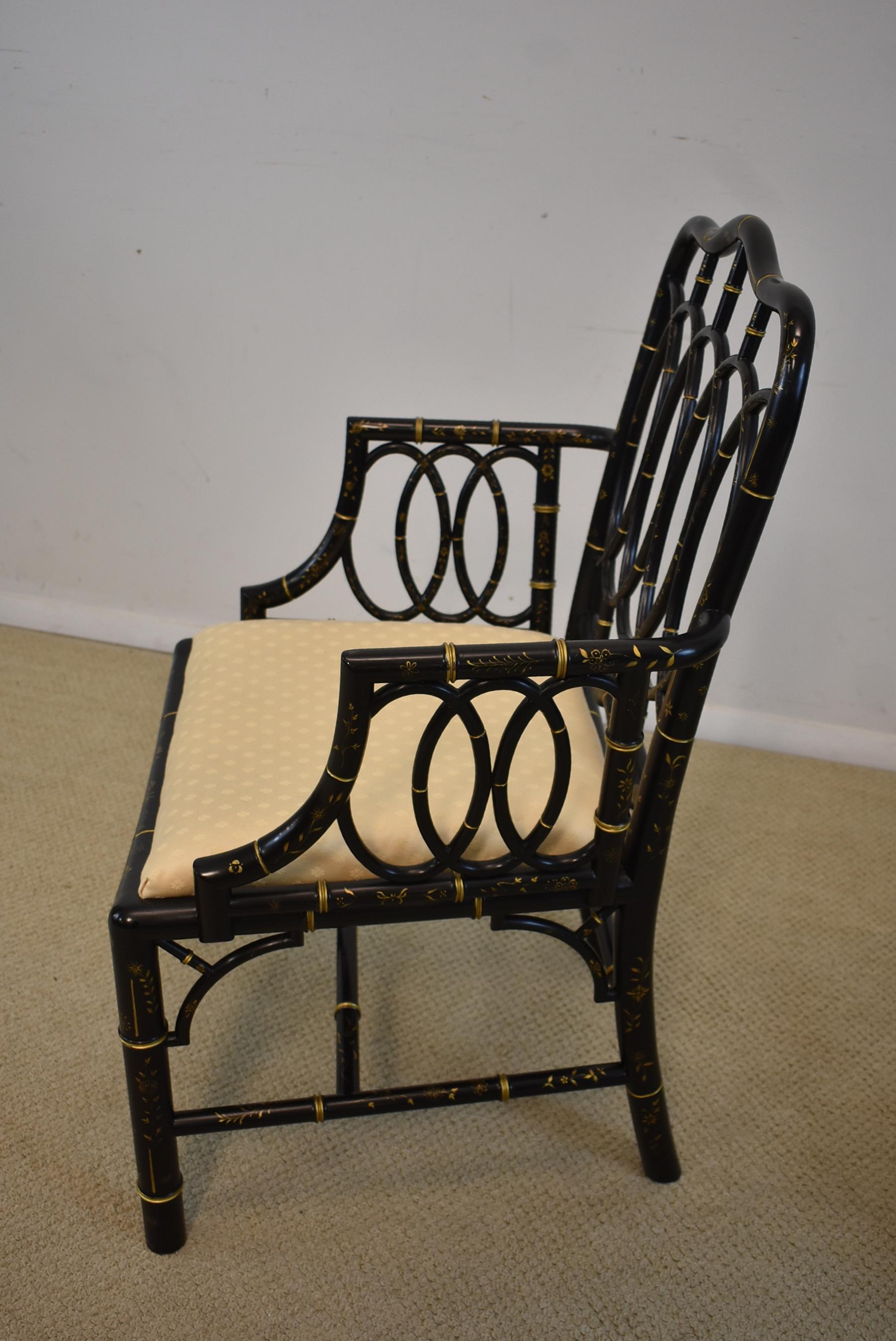 Pair of Baker Furniture Asian Style Ebonized Armchairs Gilt Highlights In Good Condition In Toledo, OH