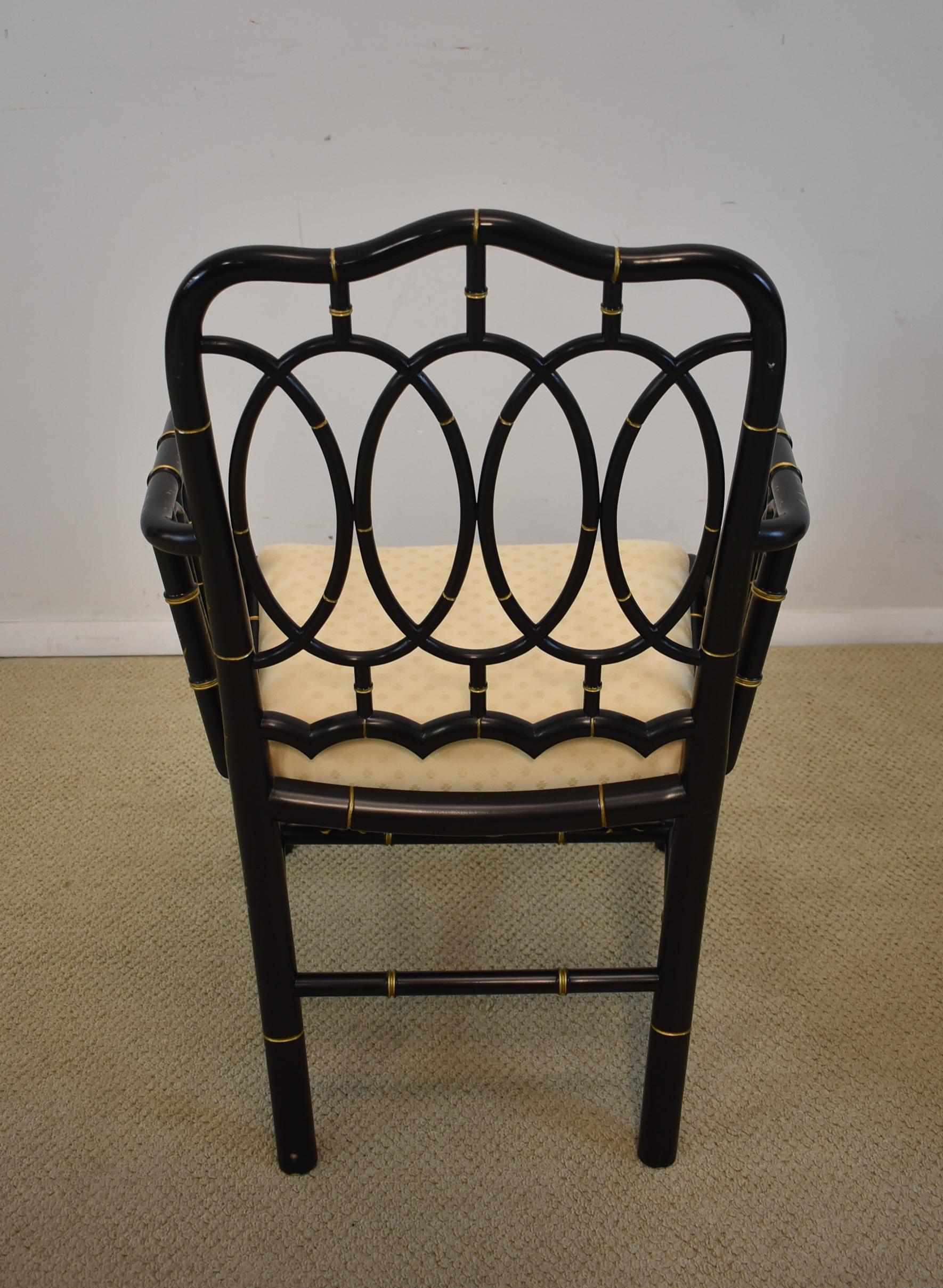 20th Century Pair of Baker Furniture Asian Style Ebonized Armchairs Gilt Highlights