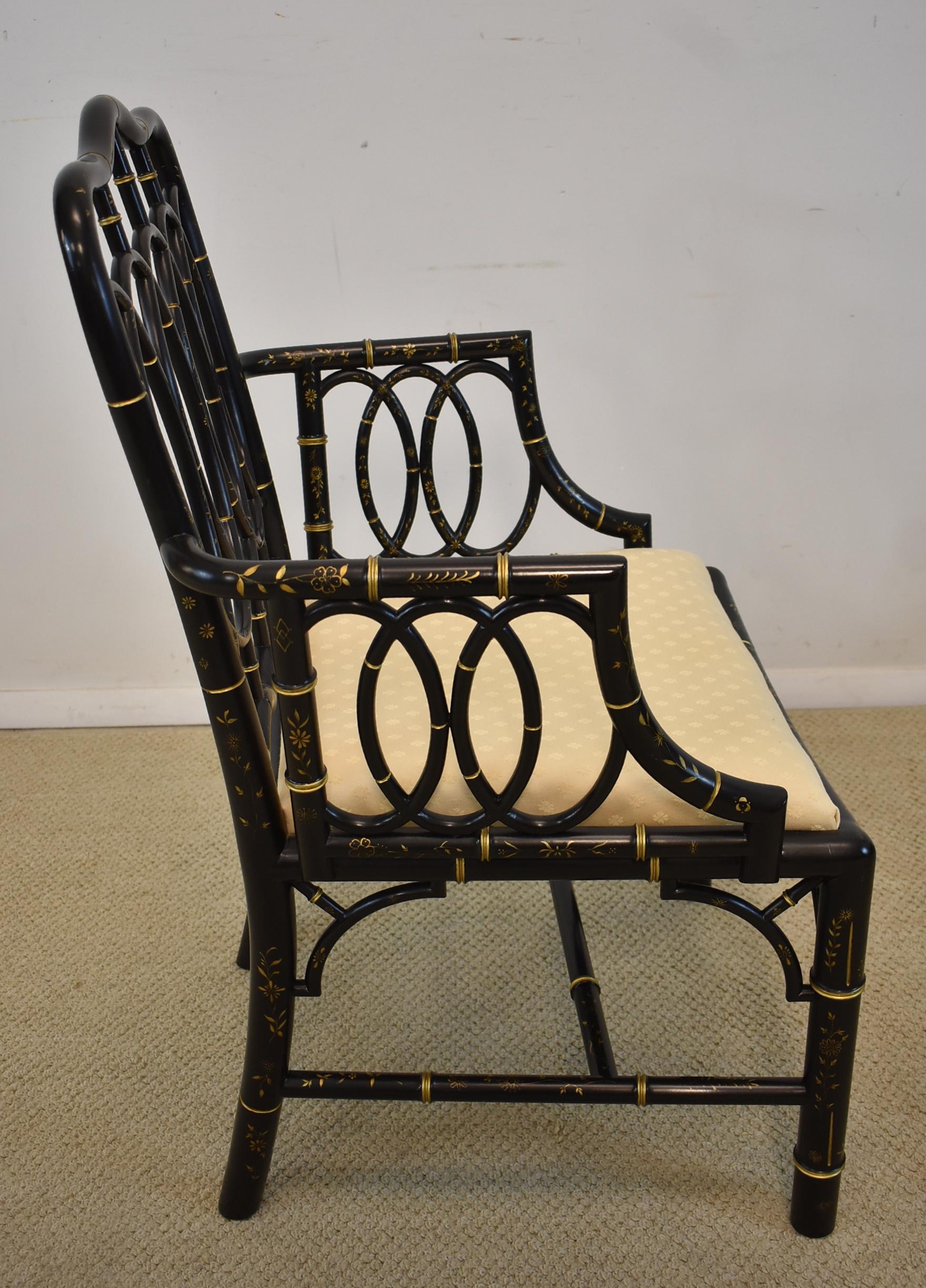 Maple Pair of Baker Furniture Asian Style Ebonized Armchairs Gilt Highlights