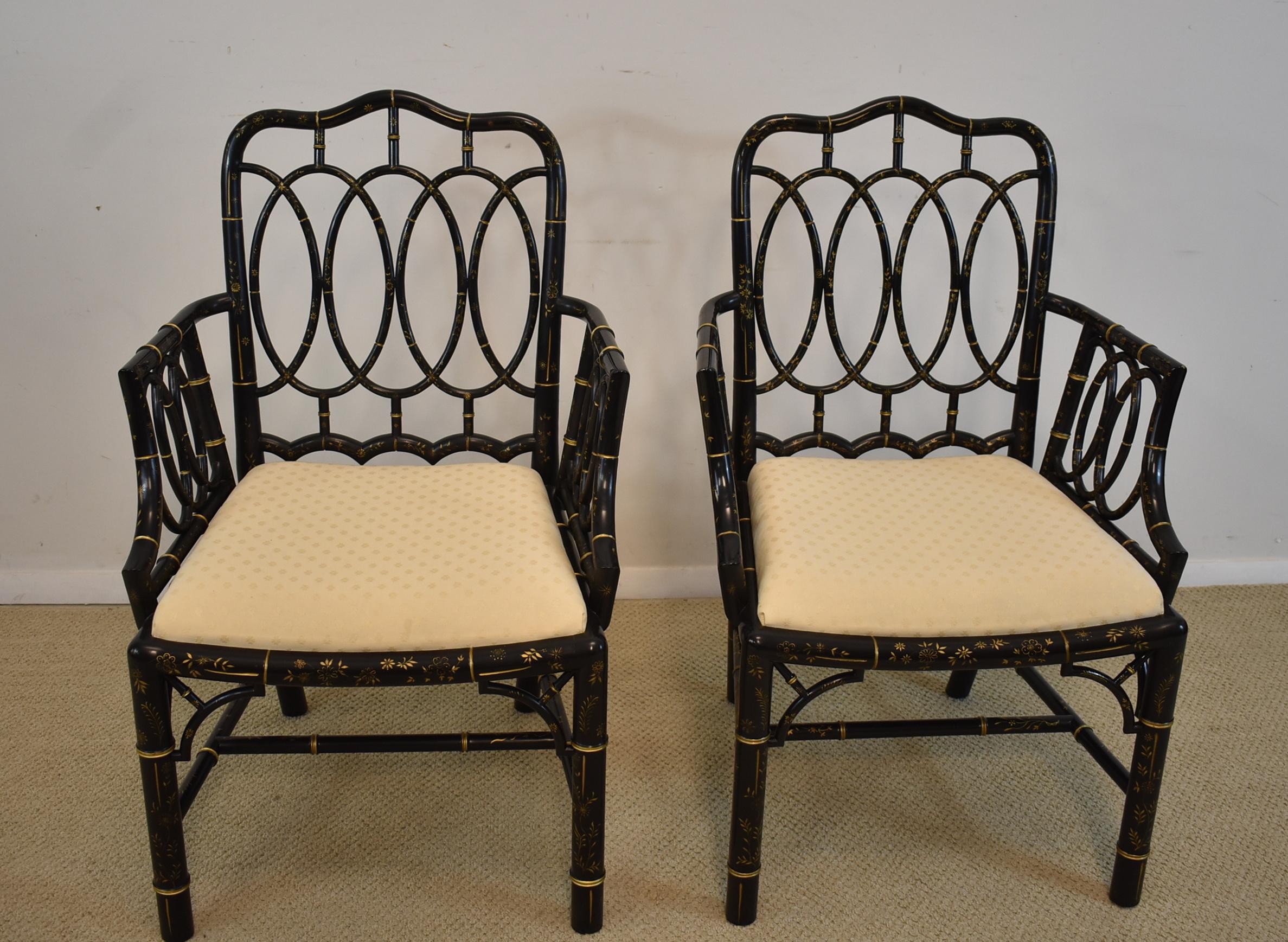 Pair of Baker Furniture Asian Style Ebonized Armchairs Gilt Highlights 1