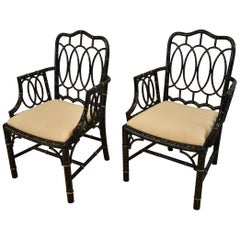 Pair of Baker Furniture Asian Style Ebonized Armchairs Gilt Highlights