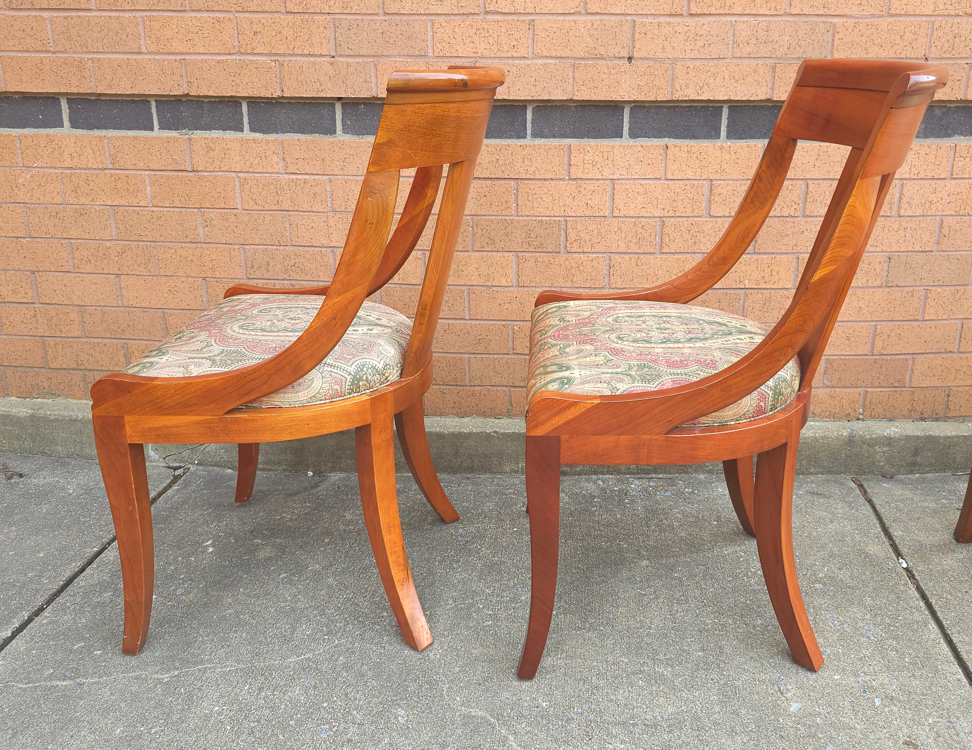 Pair Baker Furniture Beidermeir Klismos Style Cherry & Upholstered Dining Chairs For Sale 2