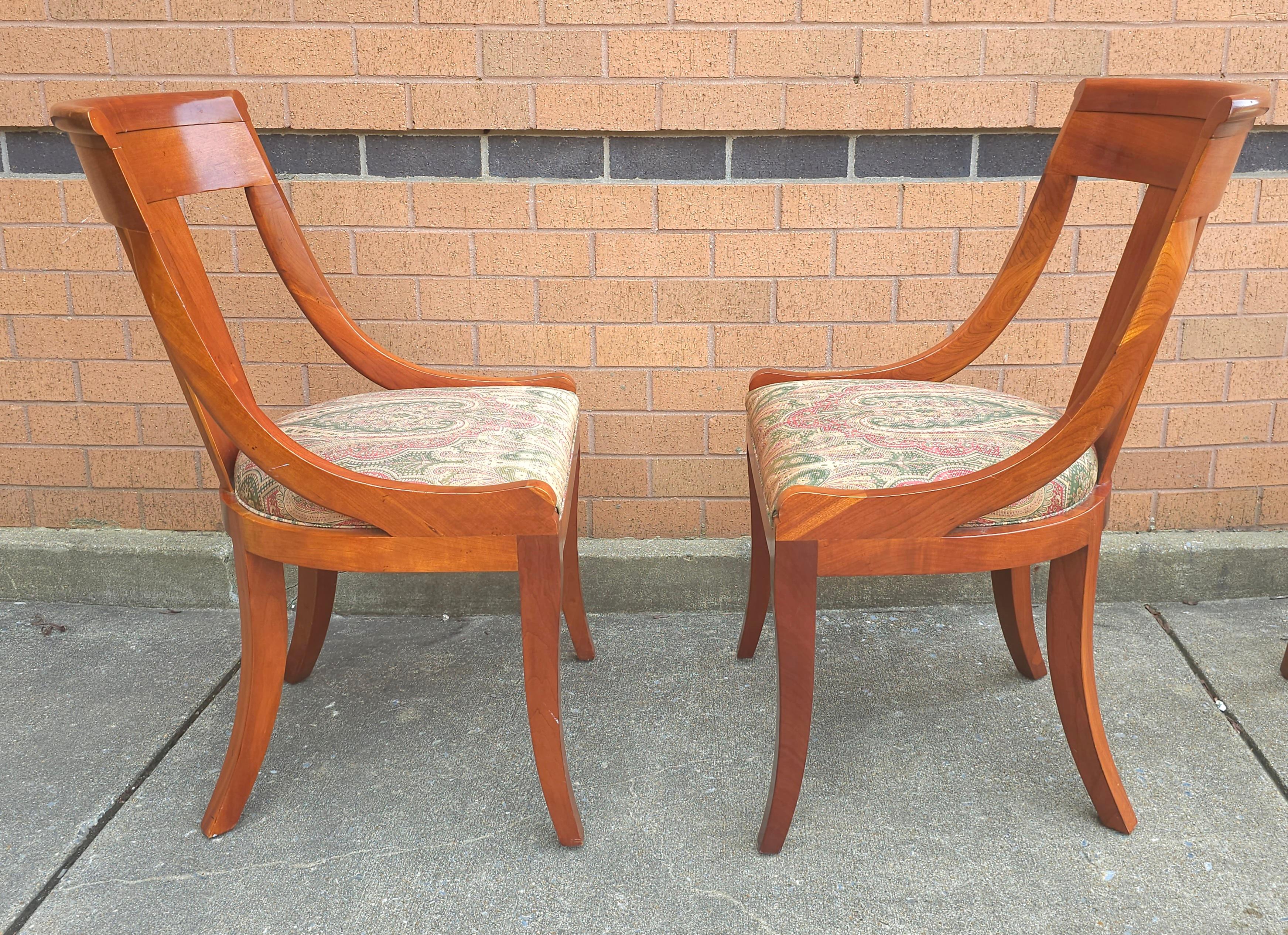 Biedermeier Pair Baker Furniture Beidermeir Klismos Style Cherry & Upholstered Dining Chairs For Sale