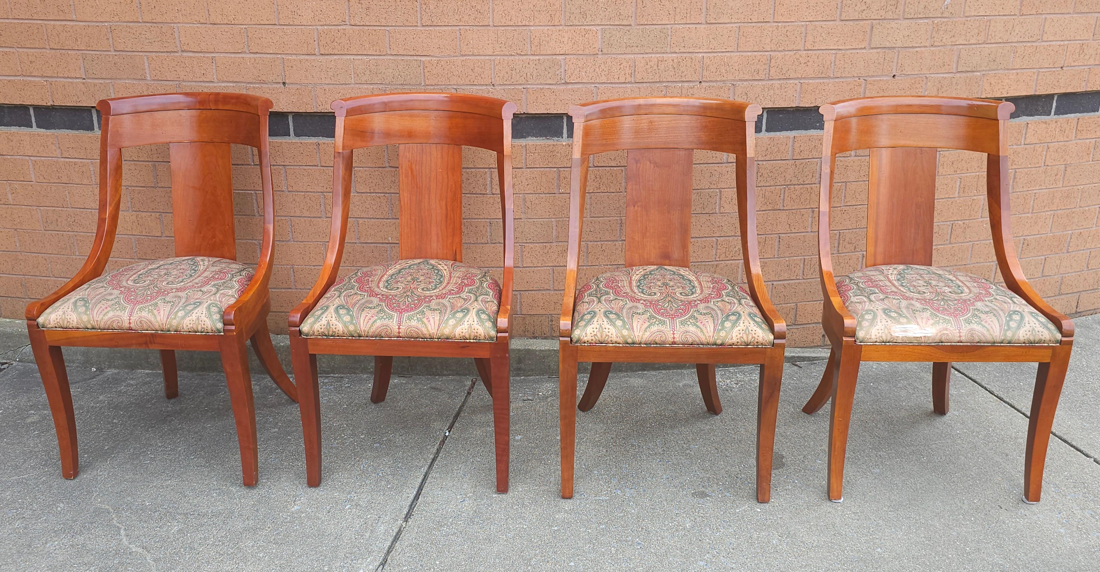 American Pair Baker Furniture Beidermeir Klismos Style Cherry & Upholstered Dining Chairs For Sale