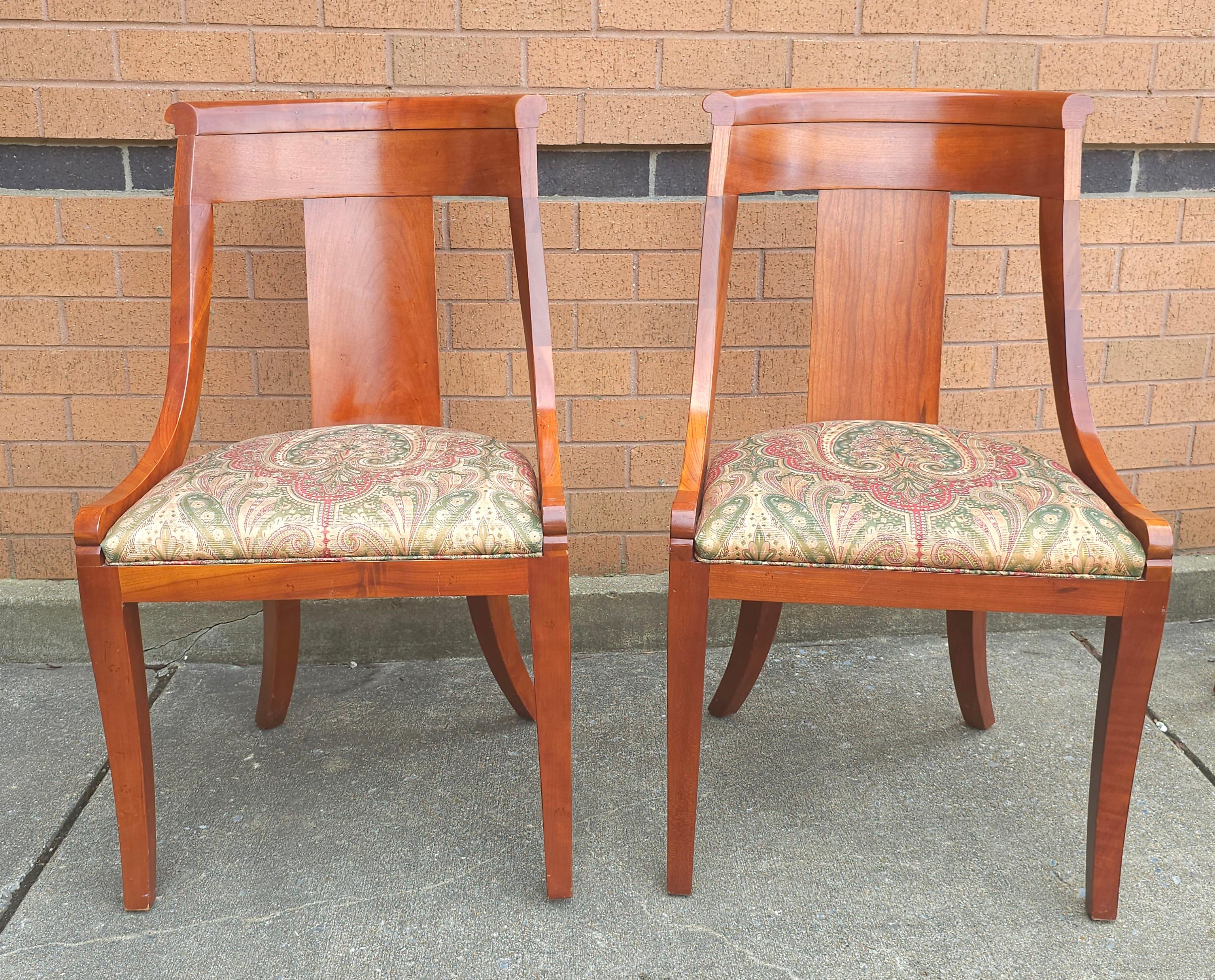 Pair Baker Furniture Beidermeir Klismos Style Cherry & Upholstered Dining Chairs In Good Condition For Sale In Germantown, MD