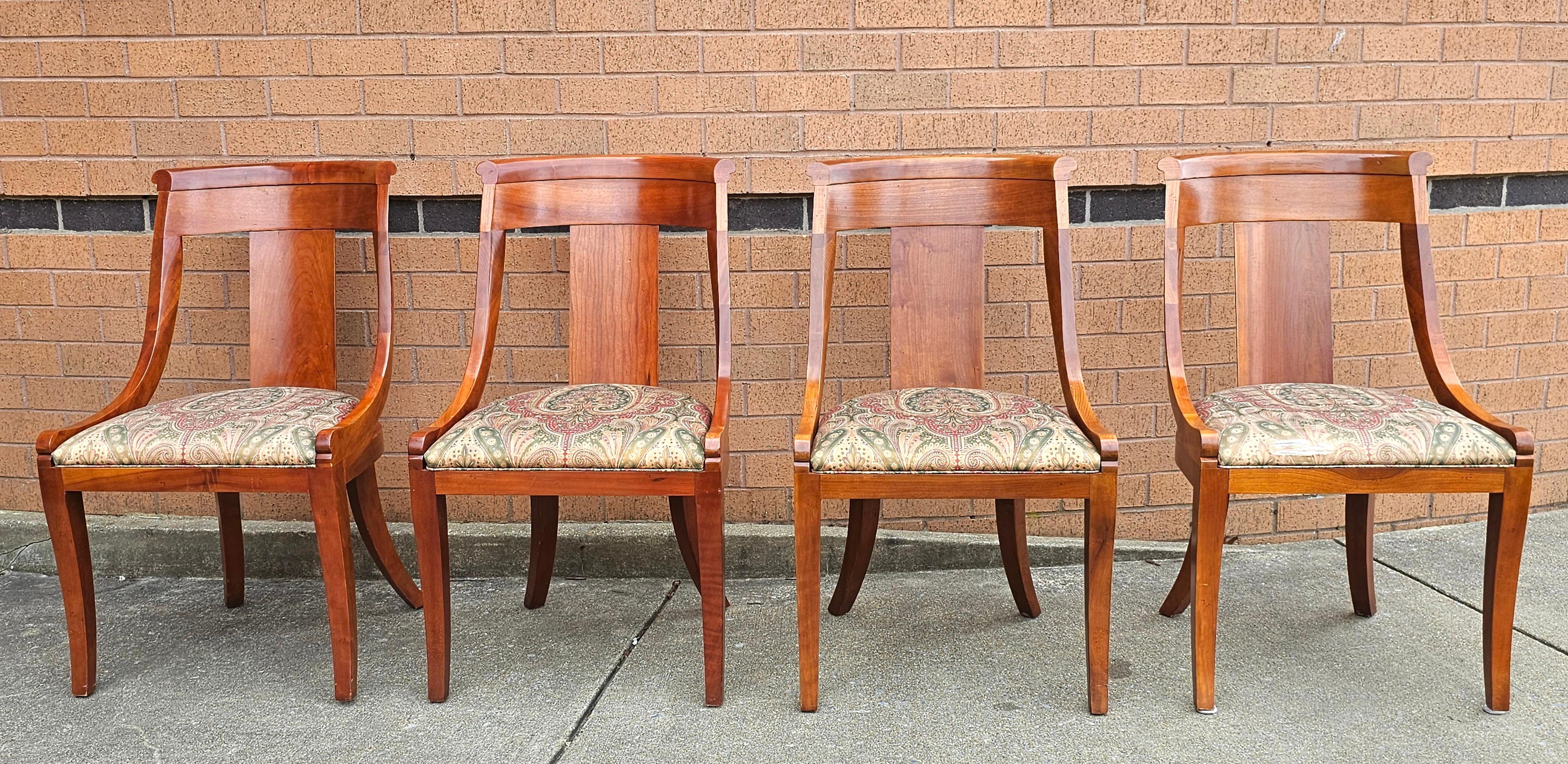 Upholstery Pair Baker Furniture Beidermeir Klismos Style Cherry & Upholstered Dining Chairs For Sale