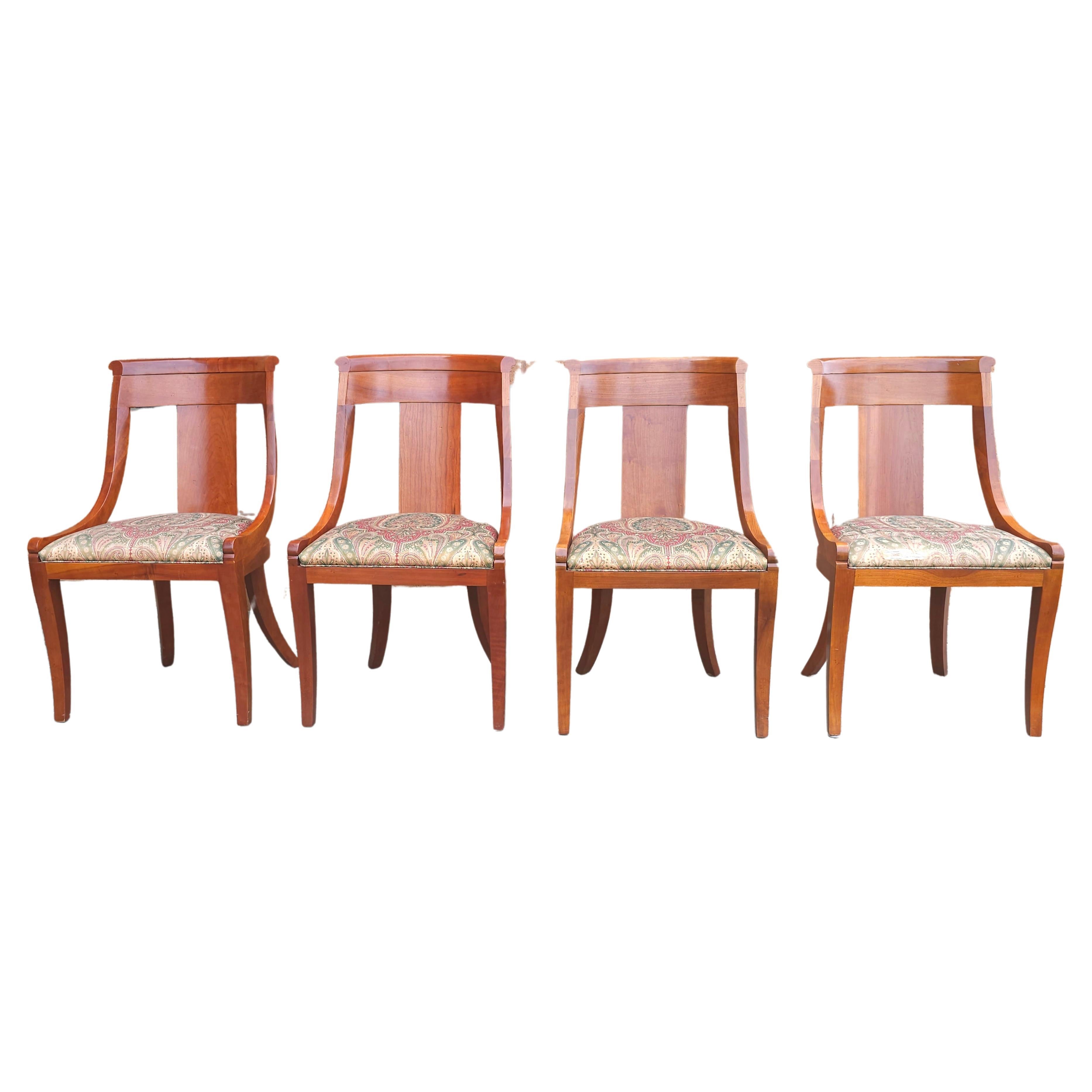 Pair Baker Furniture Beidermeir Klismos Style Cherry & Upholstered Dining Chairs For Sale