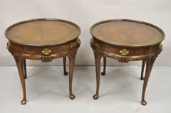 Pair Baker Furniture English Queen Anne Style Burl Walnut Round Side End Tables