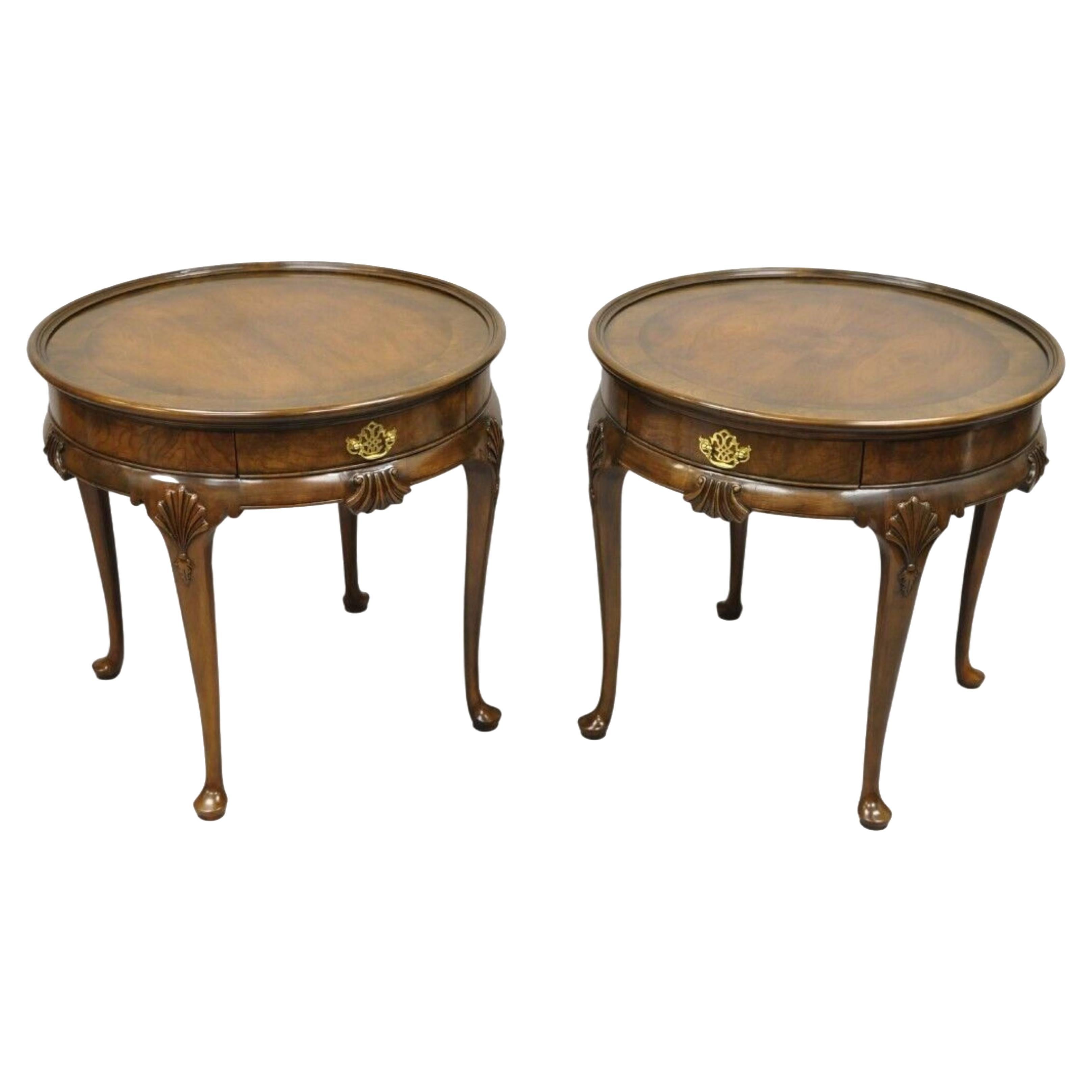 Pair Baker Furniture English Queen Anne Style Burl Walnut Round Side End Tables For Sale