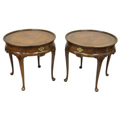 Pair Baker Furniture English Queen Anne Style Burl Walnut Round Side End Tables