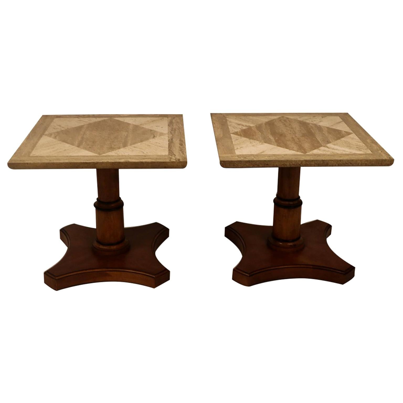 Pair of Baker Furniture Marble Walnut Side Tables For Sale at 1stDibs