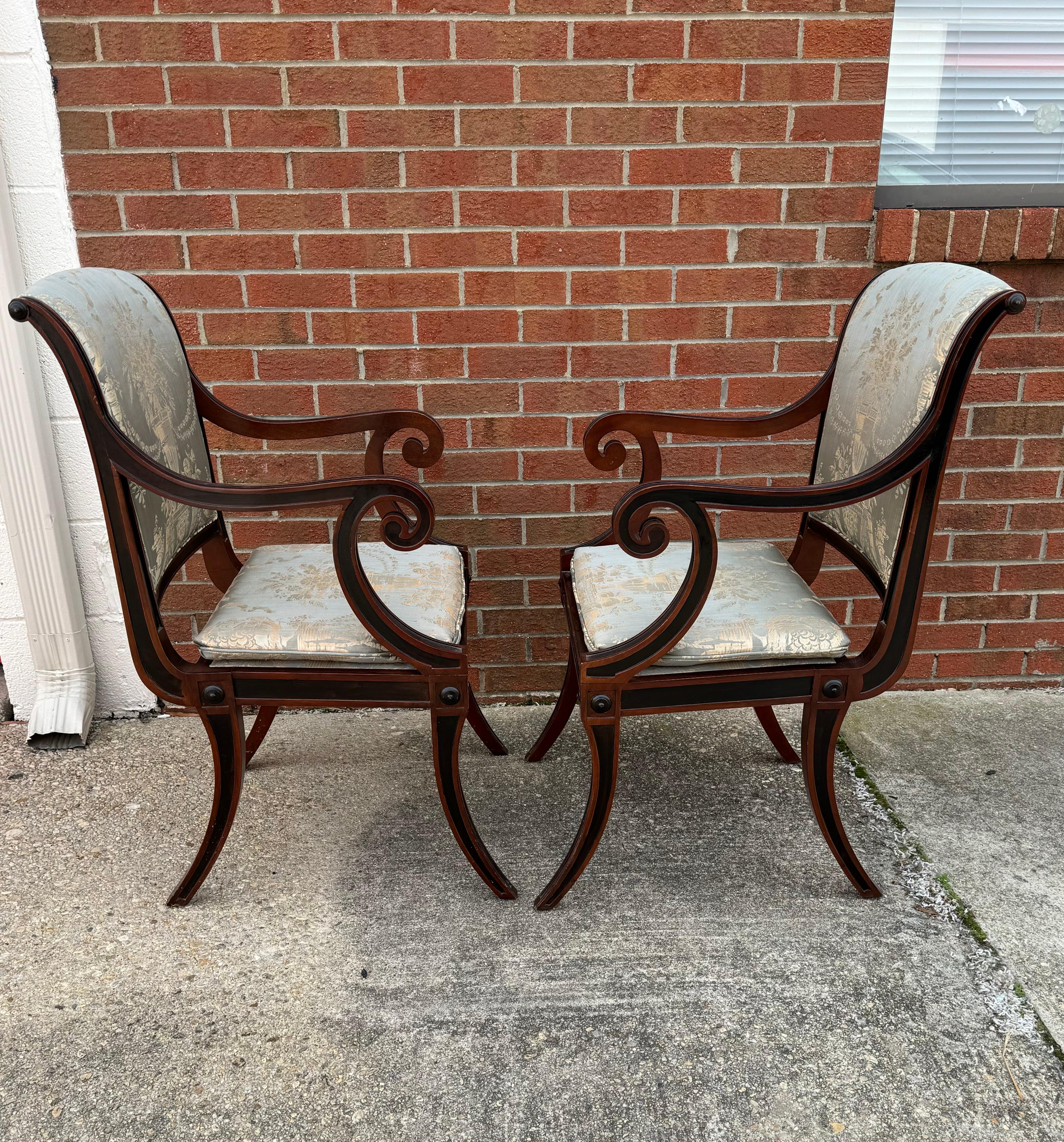 Hand-Crafted Pair Baker Furniture Regency Dining Chairs with Klismos Legs For Sale
