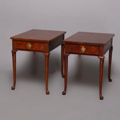 Pair of Baker Queen Anne Style Mahogany and Burl Single Drawer End Stands