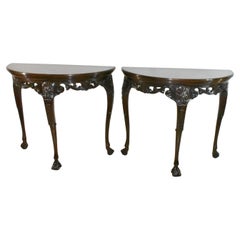 Pair Baker Stately Homes Mahogany Chippendale Demilune Tables