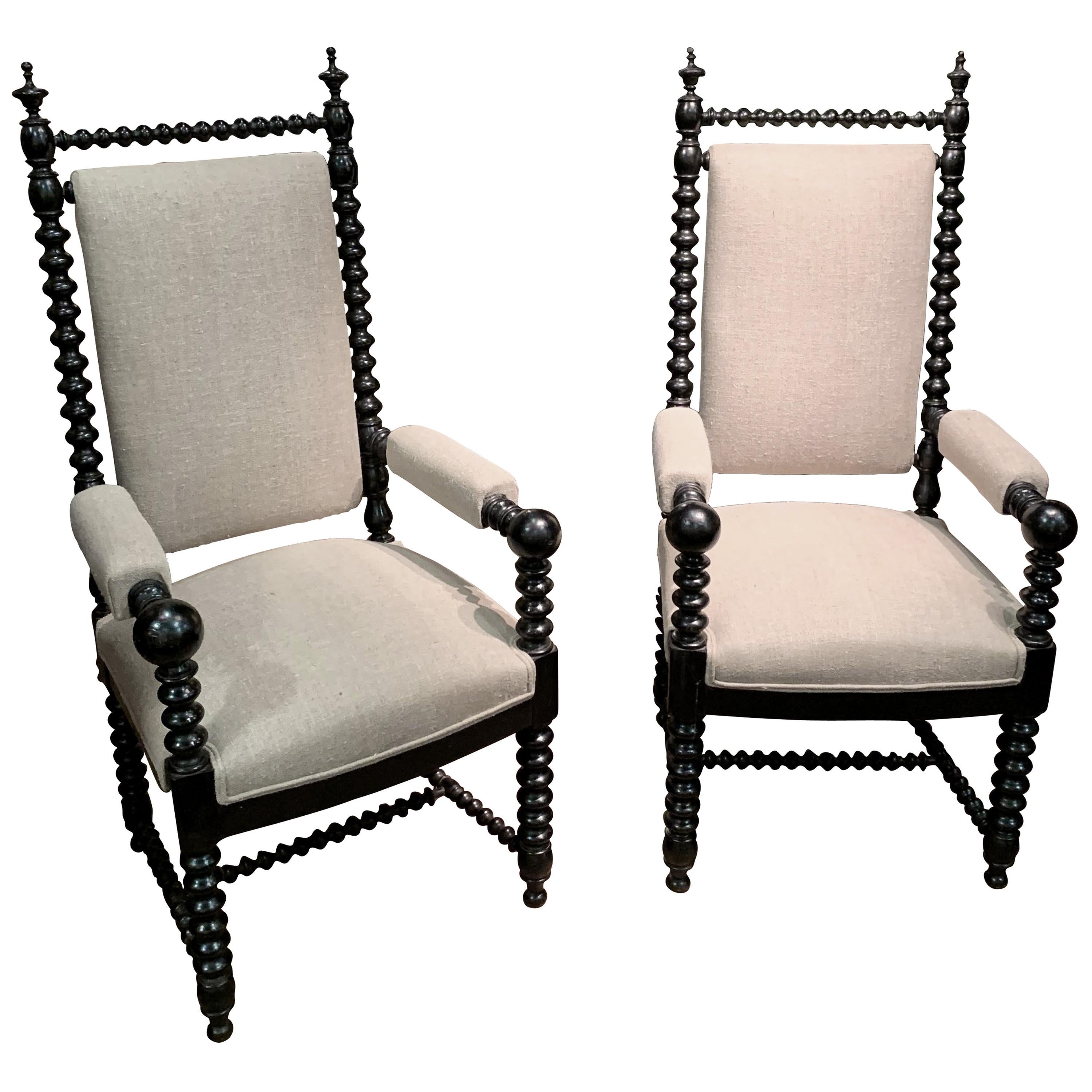 Pair of Upholstered Spindle Frame, Ball Armchairs, France, 19th Century