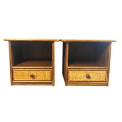 Pair Bamboo and cane bentwood Night Stands in the Style of Paul Frankl glass top