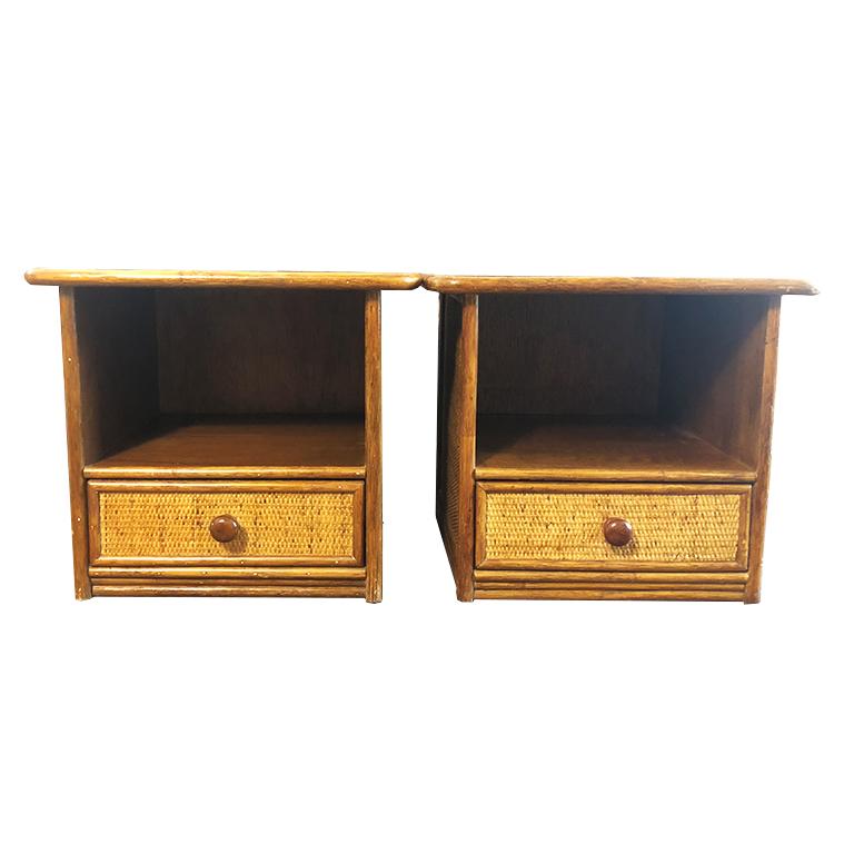 Pair Bamboo and Cane Bentwood Nightstands in the Style of Paul Frankl Glass Top