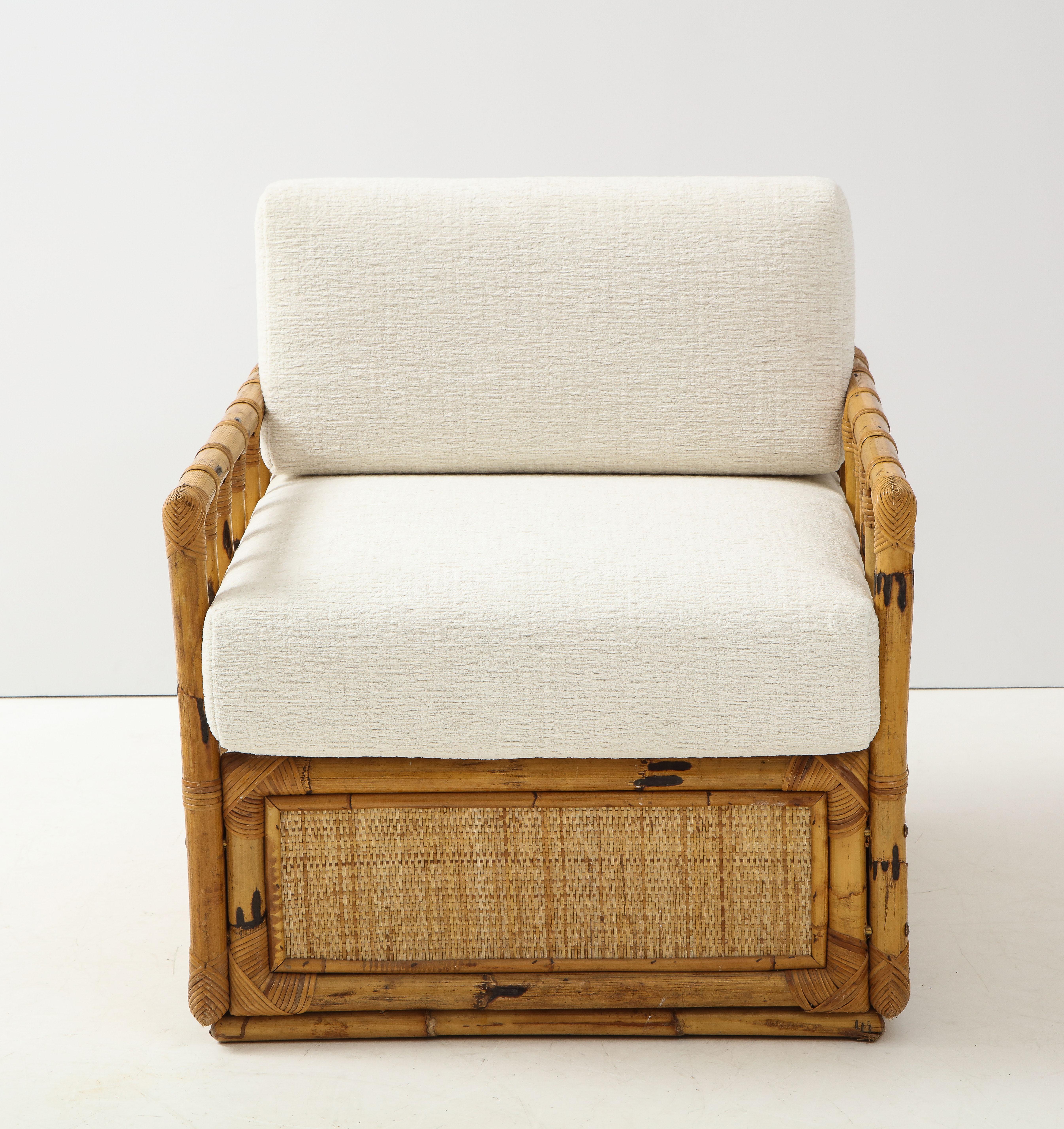 Pair Bamboo and Rattan Lounge Chairs by Vivai del Sud, Ivory Boucle, Italy, 1970 5