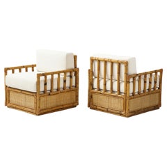 Pair Bamboo and Rattan Lounge Chairs by Vivai del Sud, Ivory Boucle, Italy, 1970
