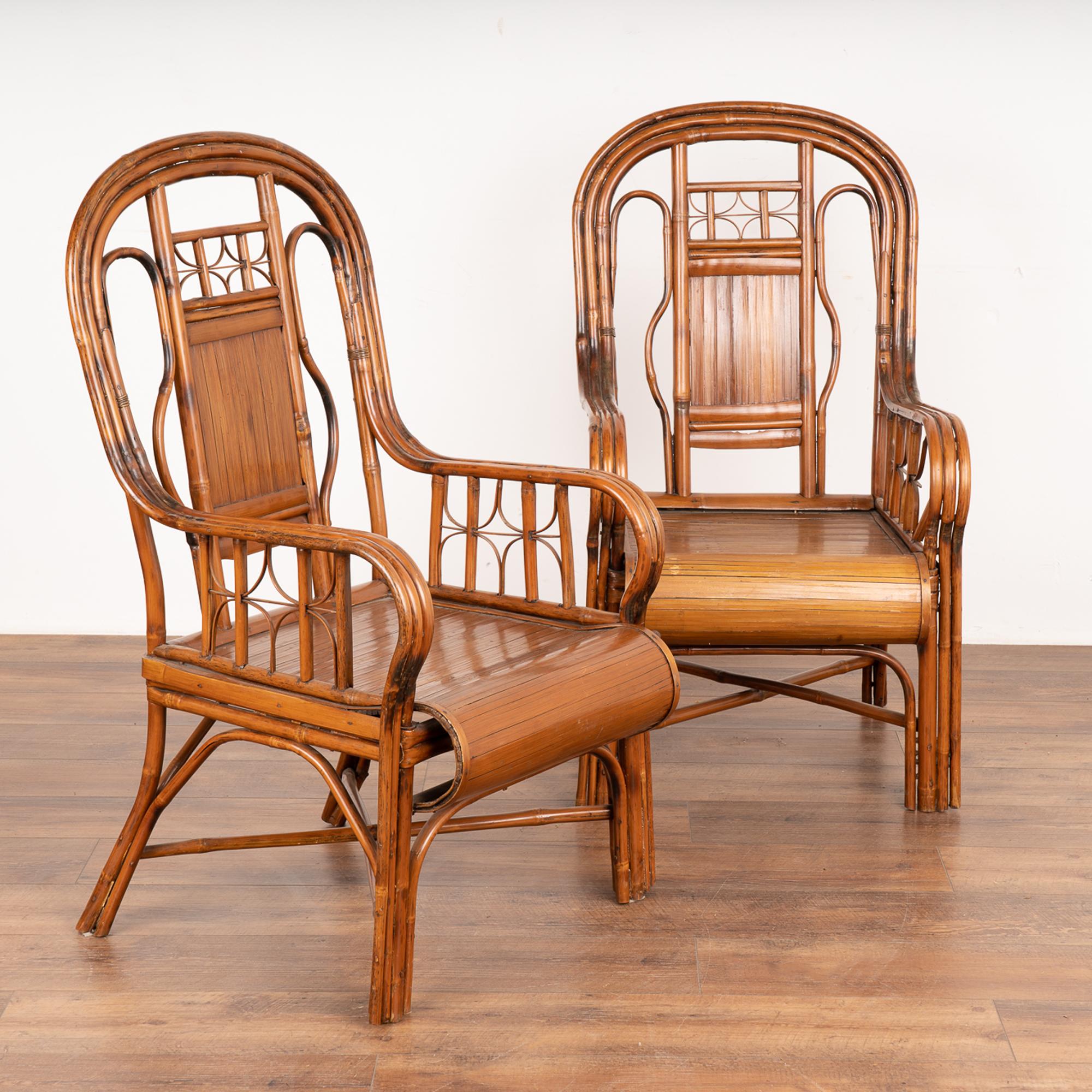 Bamboo arm chairs with curved arms and seats. 
These timeless armchairs sit low and firm; they are in solid/stable condition and are ready to be placed and used.
Any scratches, cracks, dings, discoloration, missing/loose parts or age related