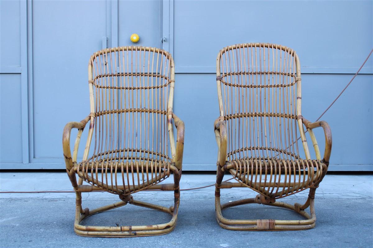 Curved Pair of Bamboo Armchairs 1950s Italian Design For Sale 1
