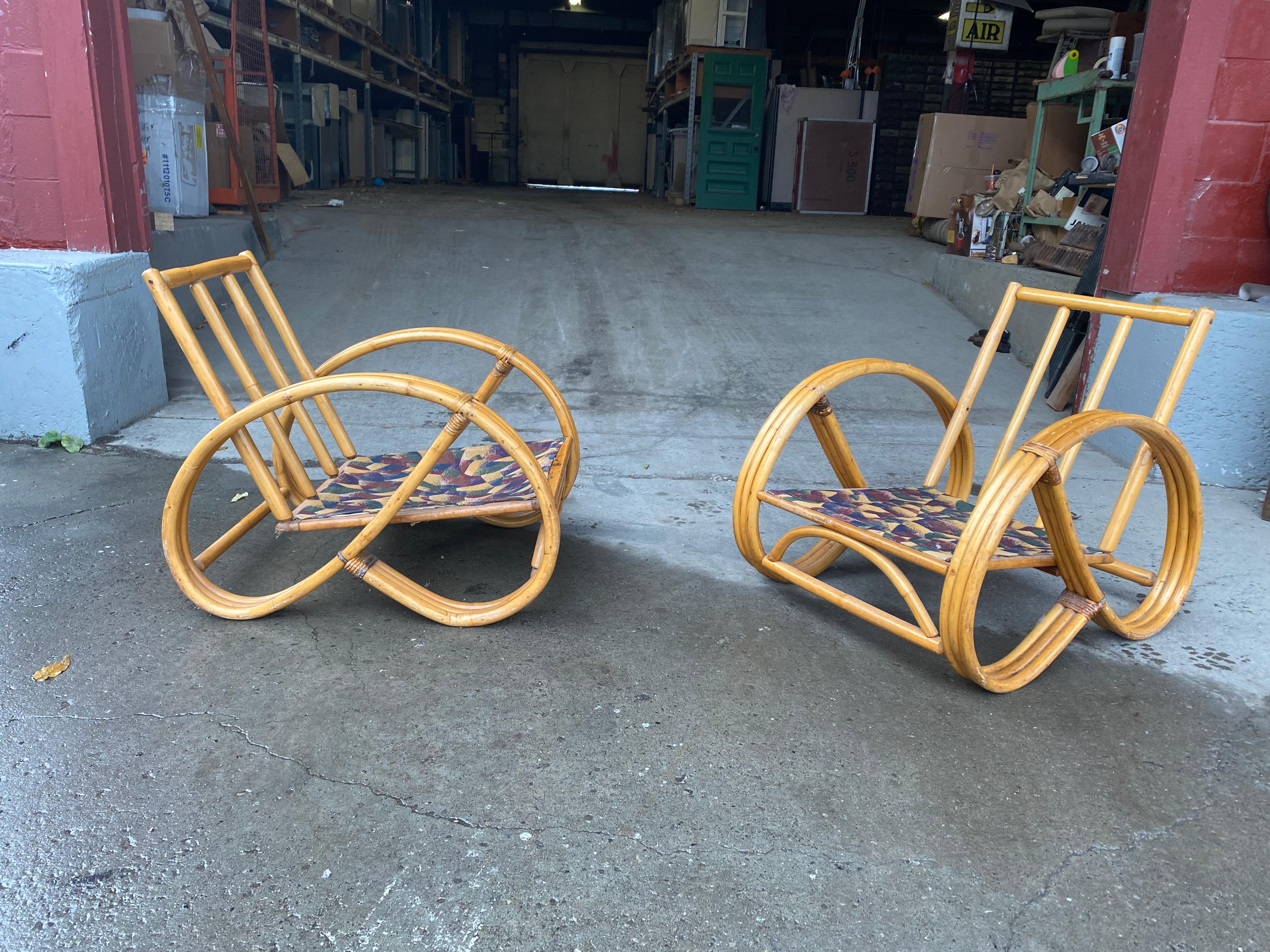 Pair of bamboo Art Deco Pretzel lounge chairs attributed to Paul Frankl, Classic 1940s, 1950s Triple banded Bamboo lounge chairs, cushions reupholstered at some point, fairly recent, perfect scale and proportion, nice original patina, surface,