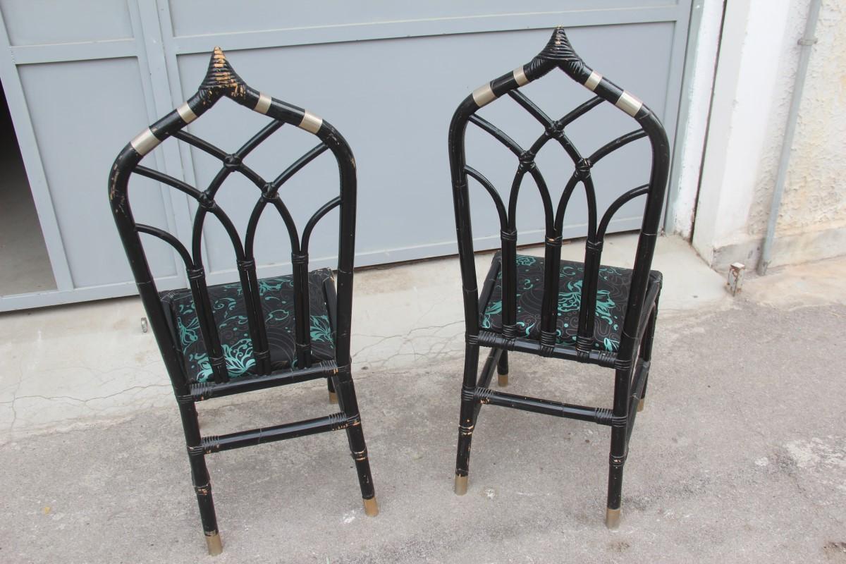 Italian Pair of Bamboo Chairs Antonio Pavia Design Black Silver Flowers Made in Italy