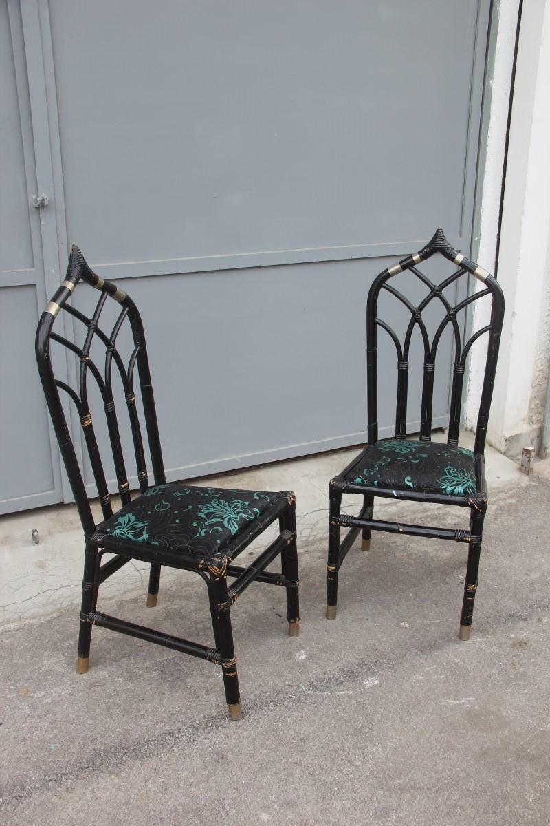 Pair of Bamboo Chairs Antonio Pavia Design Black Silver Flowers Made in Italy In Good Condition In Palermo, Sicily