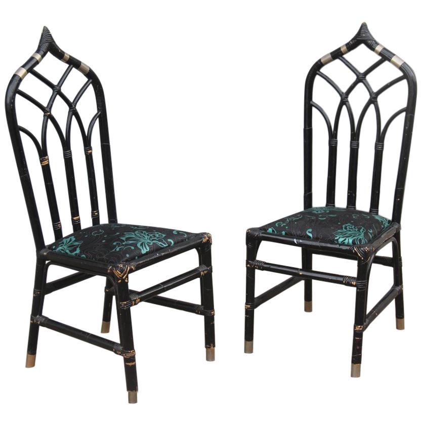 Pair of Bamboo Chairs Antonio Pavia Design Black Silver Flowers Made in Italy