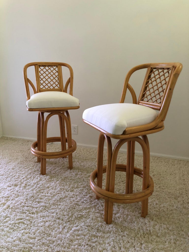 Pair of Bamboo Tall Swivel Bar Stools Vintage Sunbrella Fabric For Sale