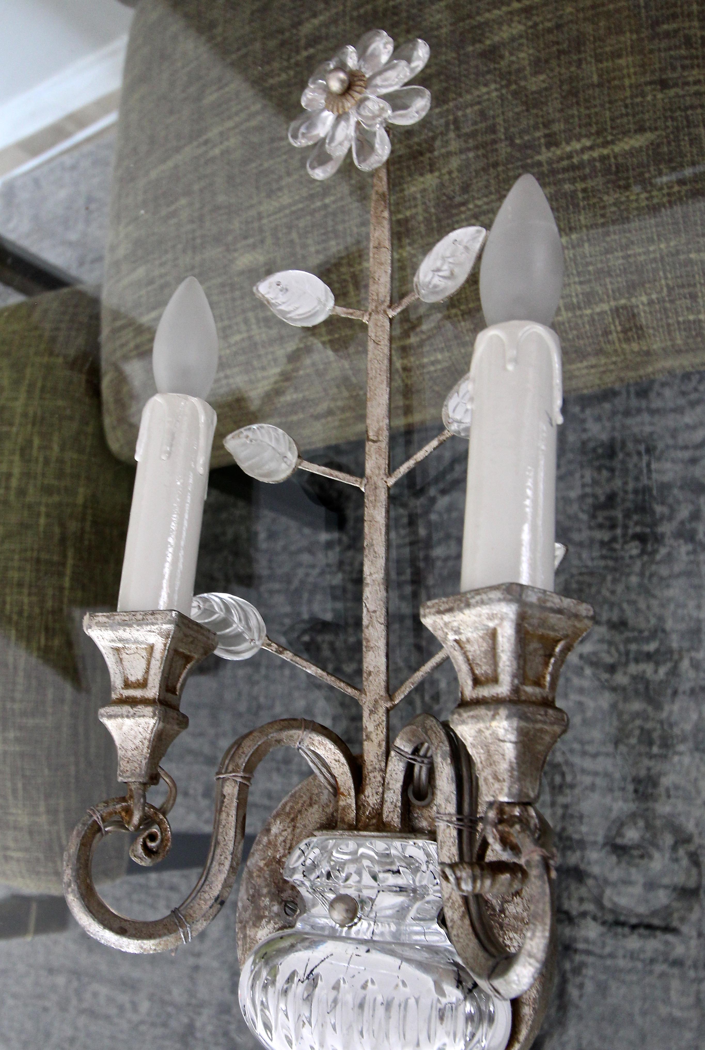 Pair of Banci Crystal Silver Gilt Flower Wall Sconces 4