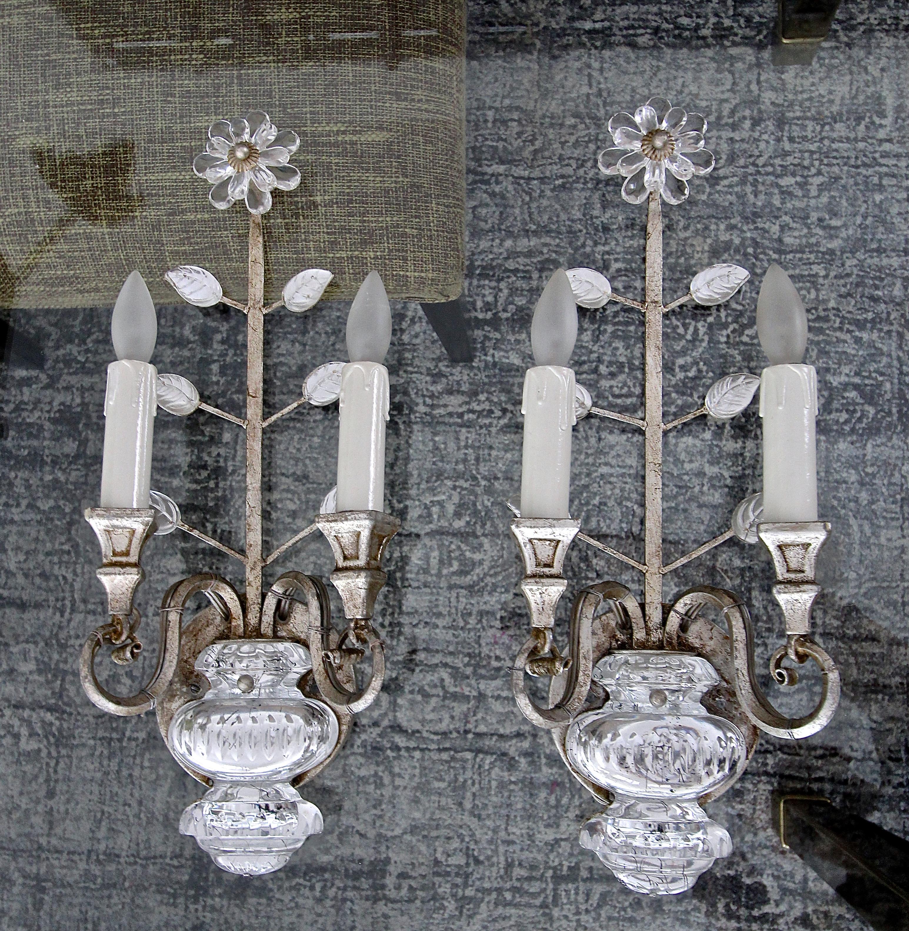 Pair of Banci Crystal Silver Gilt Flower Wall Sconces 10